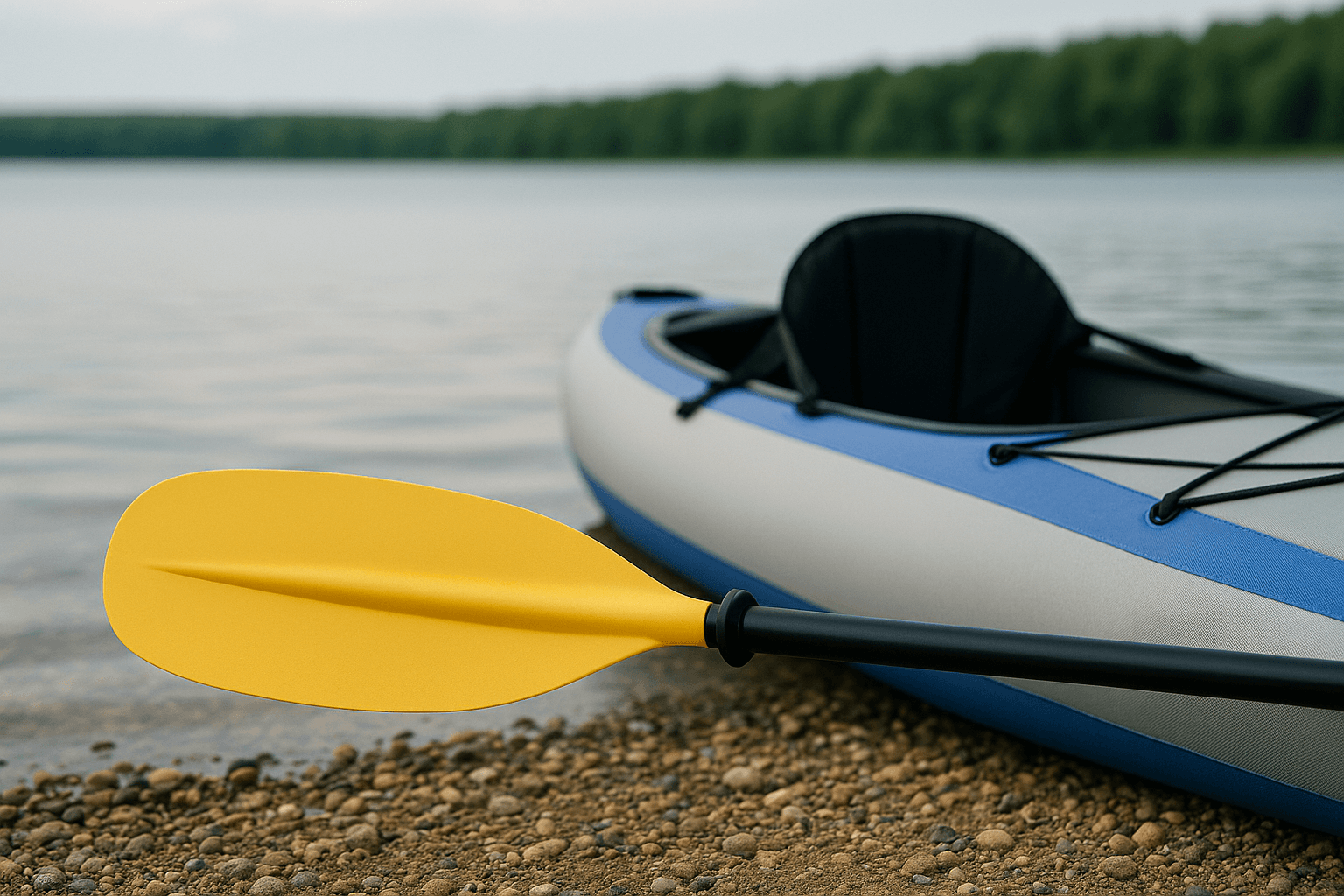 Paddel und Kanu am Ufer eines Sees