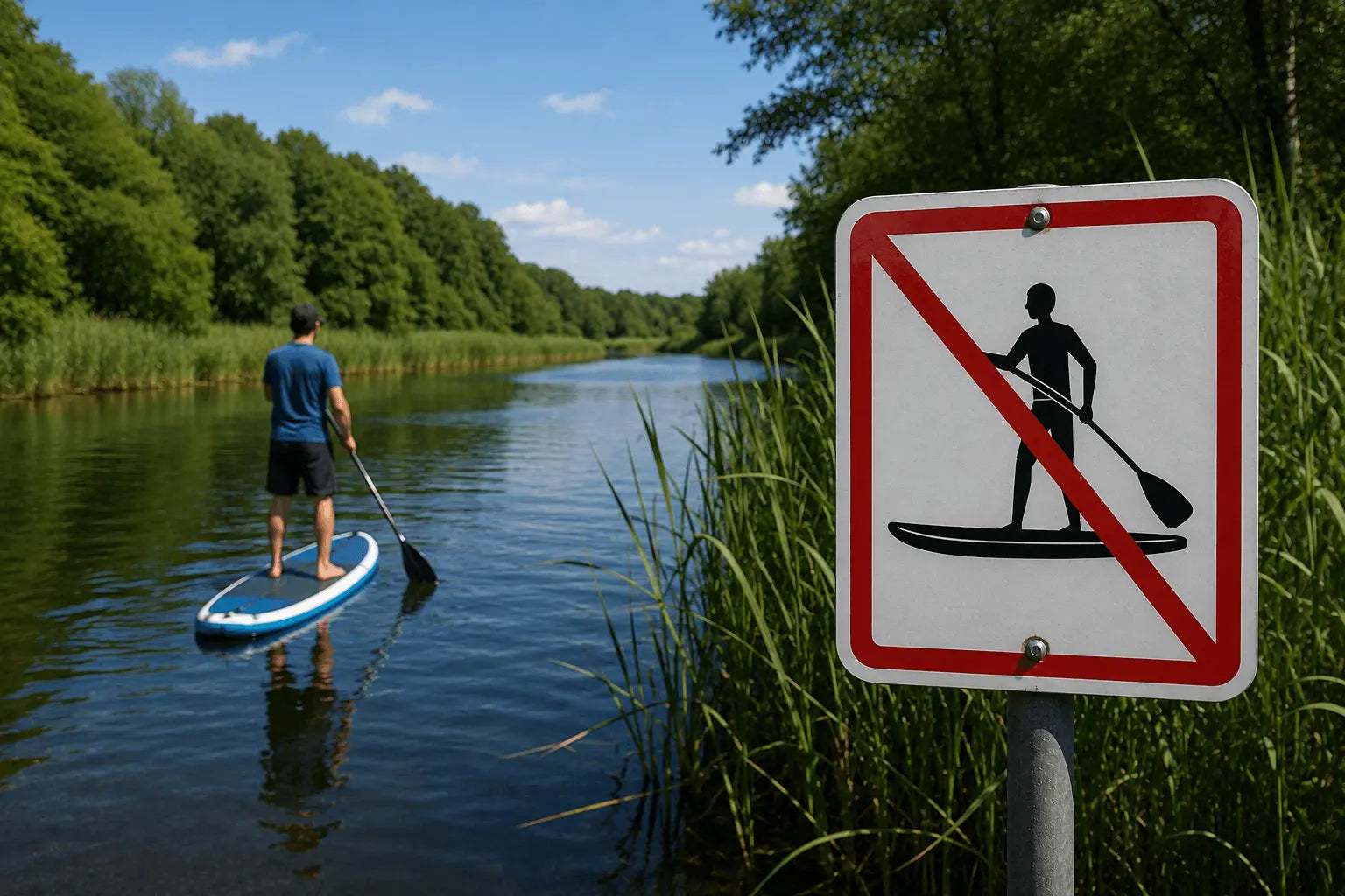 SUP-Fahrer auf einem ruhigen Fluss neben einem Verbotsschild für Stand-Up-Paddling in einem geschützten Naturbereich.