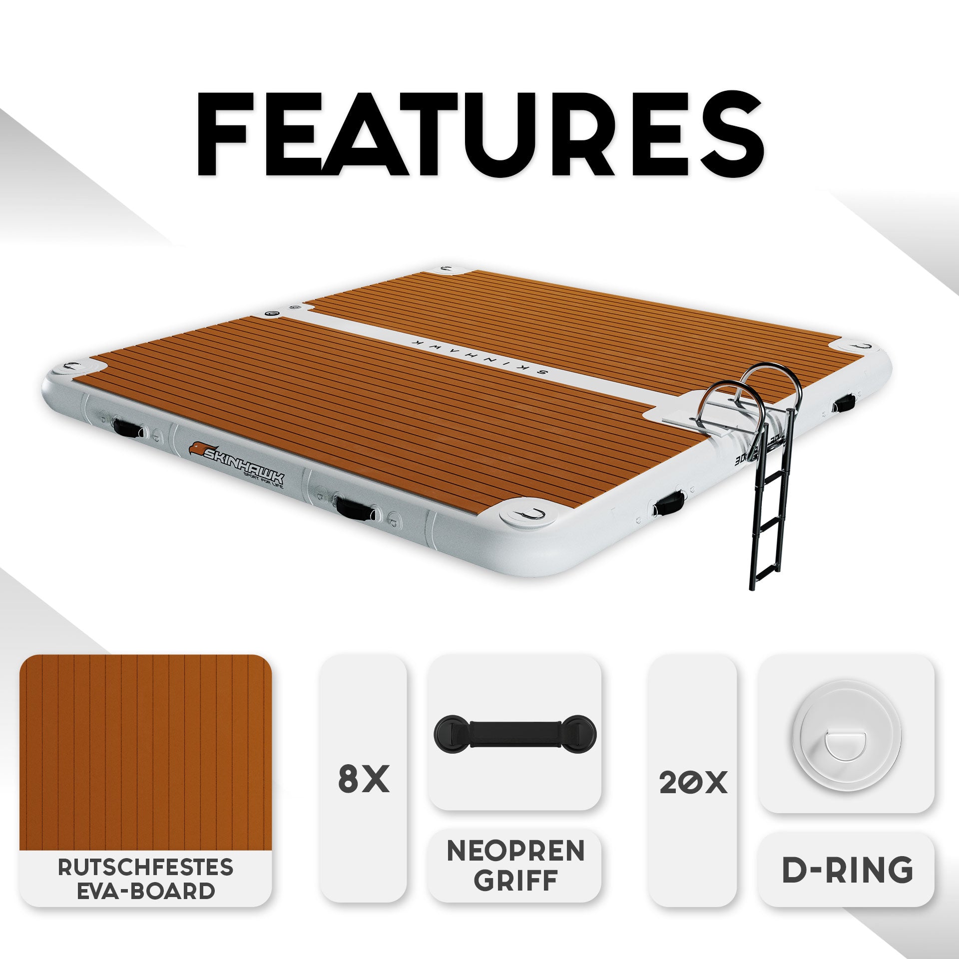 SKINHAWK BADEPLATTFORM AUFBLASBAR 300CM X 300CM X 20CM MIT EDELSTAHLLEITER