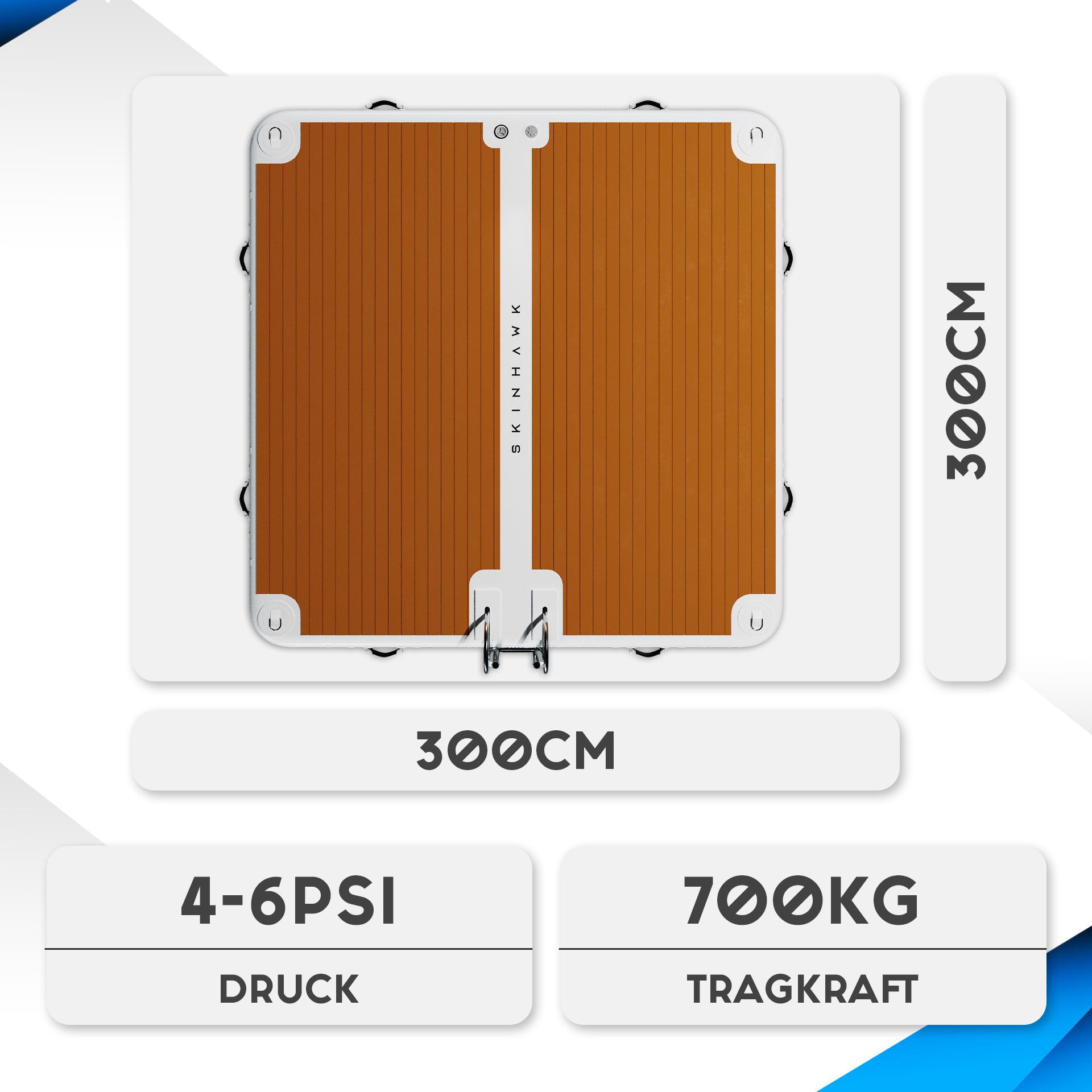 SKINHAWK BADEPLATTFORM AUFBLASBAR 300CM X 300CM X 20CM MIT EDELSTAHLLEITER