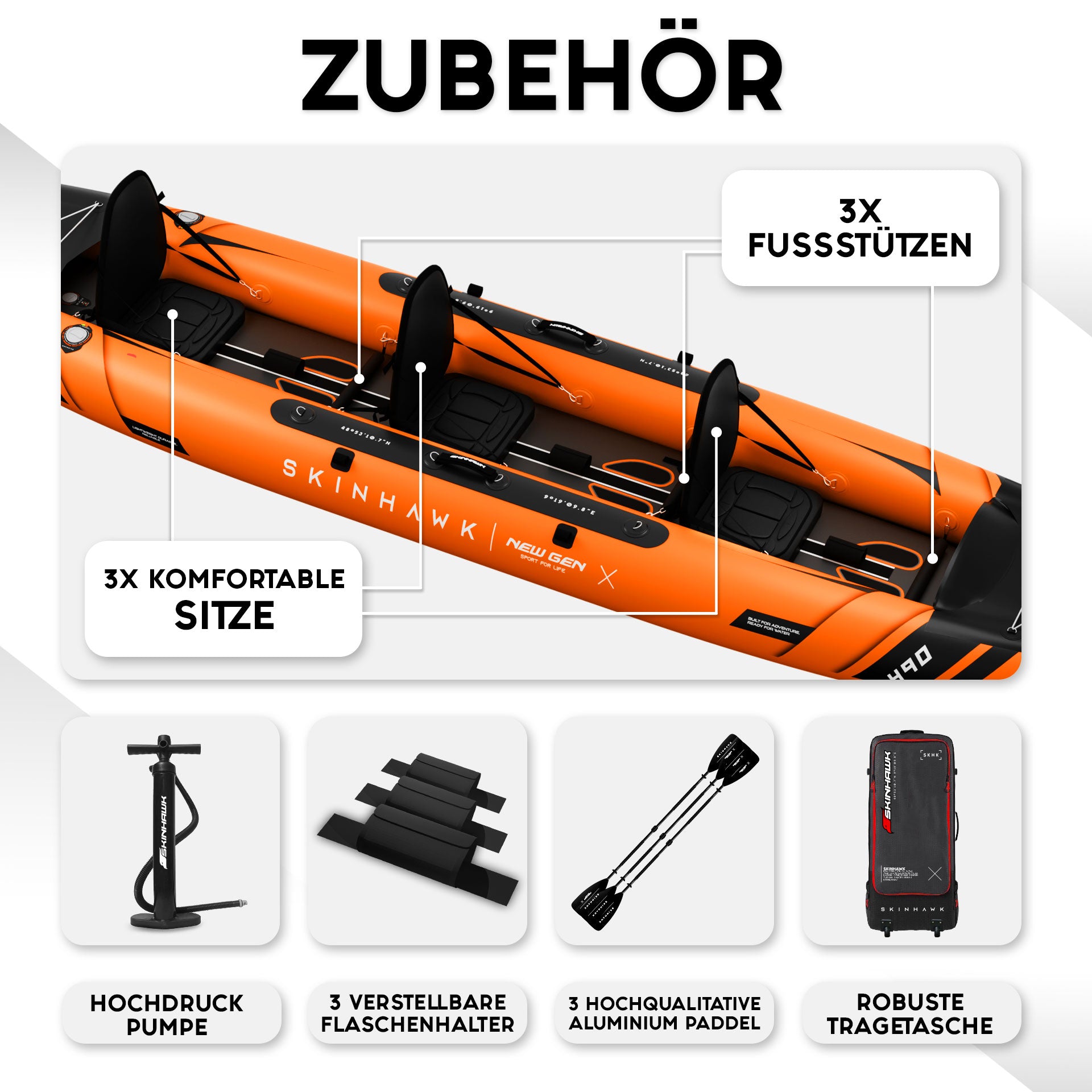 SKINHAWK PRESTIGE KAYAK TRIPLE 490CM X 96CM ORANGE