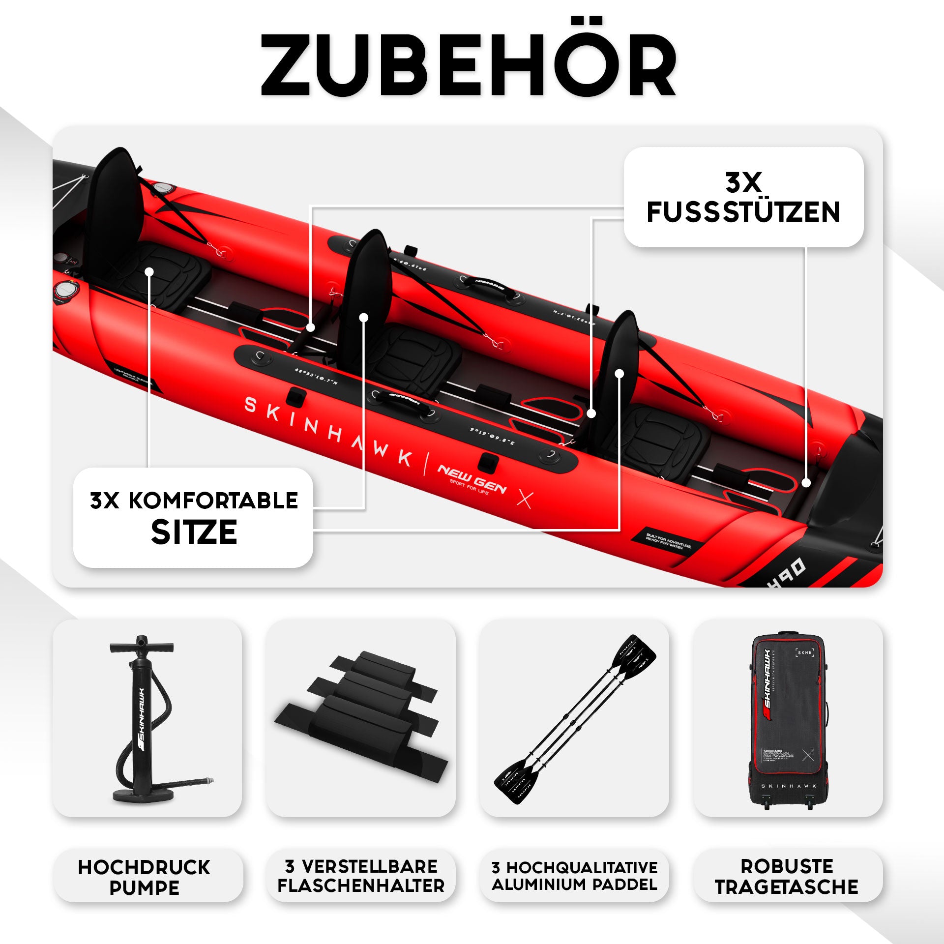 SKINHAWK PRESTIGE KAYAK TROIS PLACES 490CM X 96CM ROUGE