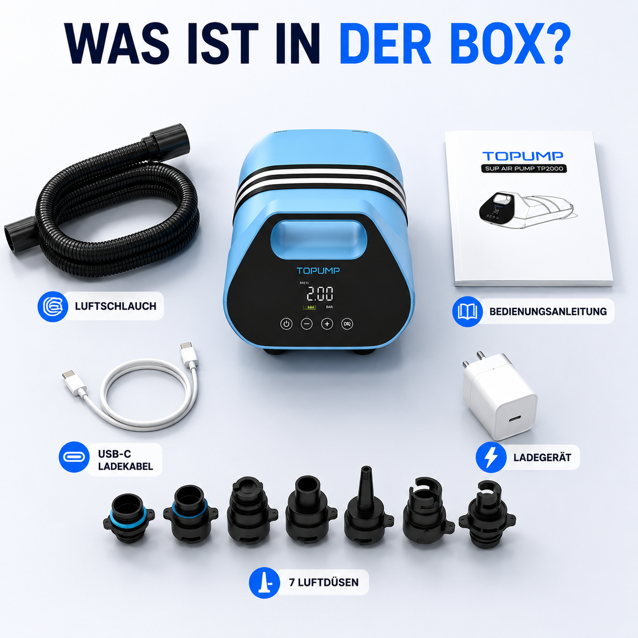 TOPUMP Akku-Luftpumpe bis 20 PSI für SUP, Kajak & Schlauchboot