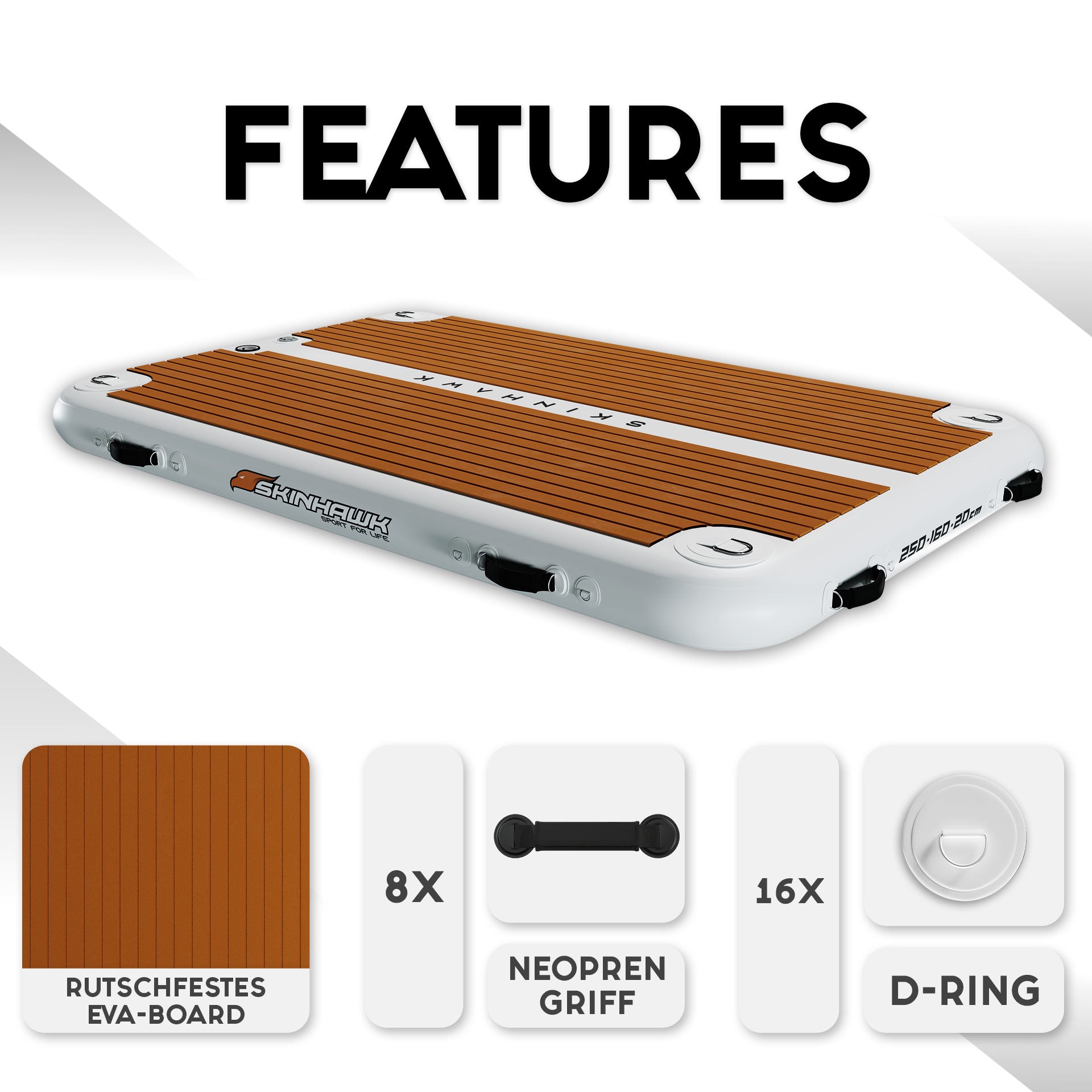 SKINHAWK BADEPLATTFORM AUFBLASBAR 250CM X 160CM X 20CM BELASTBARKEIT 410KG