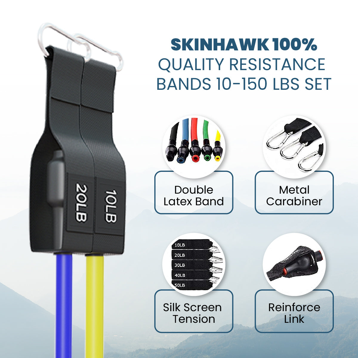 Skinhawk 100% qualité Résistance 10-150 lbs Set bande de résistance
