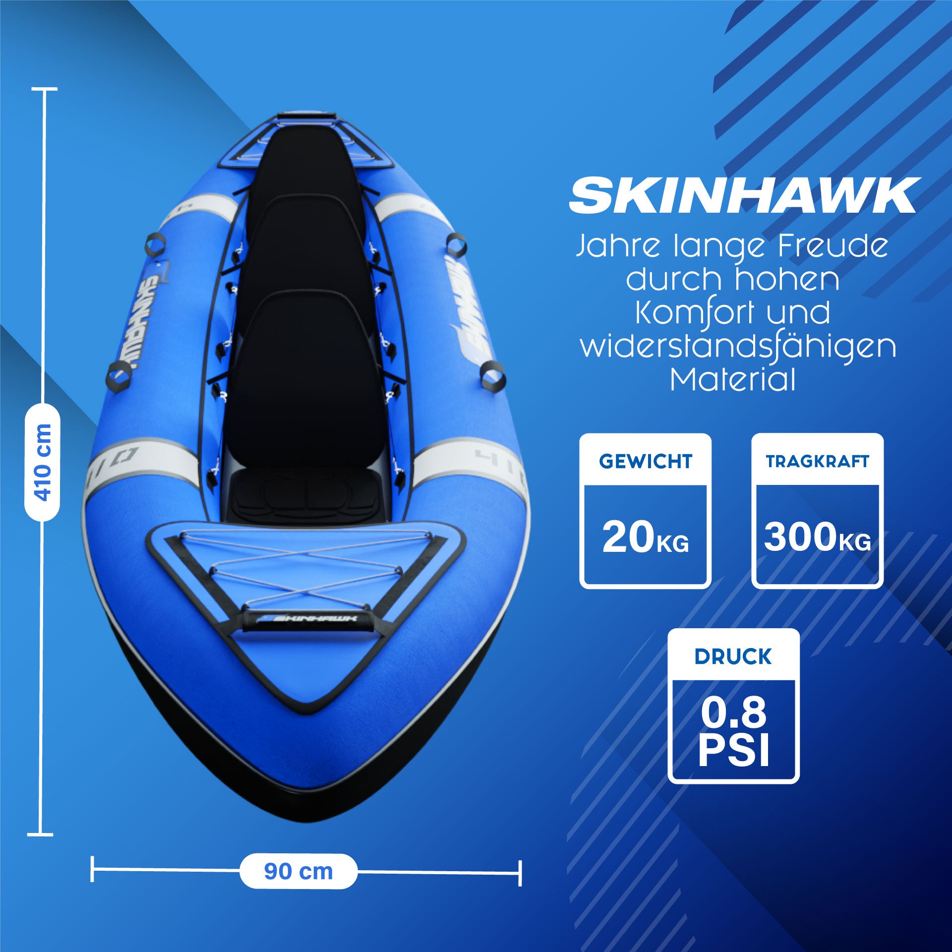 SKINHAWK CLASSIC – Opblaasbare 3-persoons kajak (410 x 90 cm) in blauw