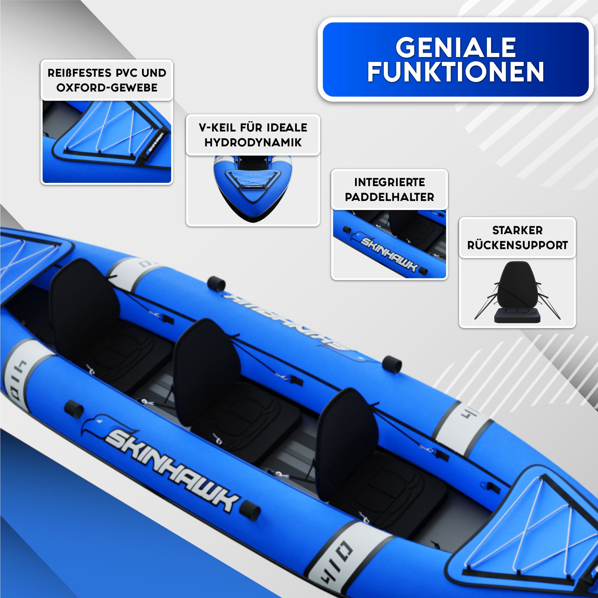 SKINHAWK CLASSIC – Opblaasbare 3-persoons kajak (410 x 90 cm) in blauw