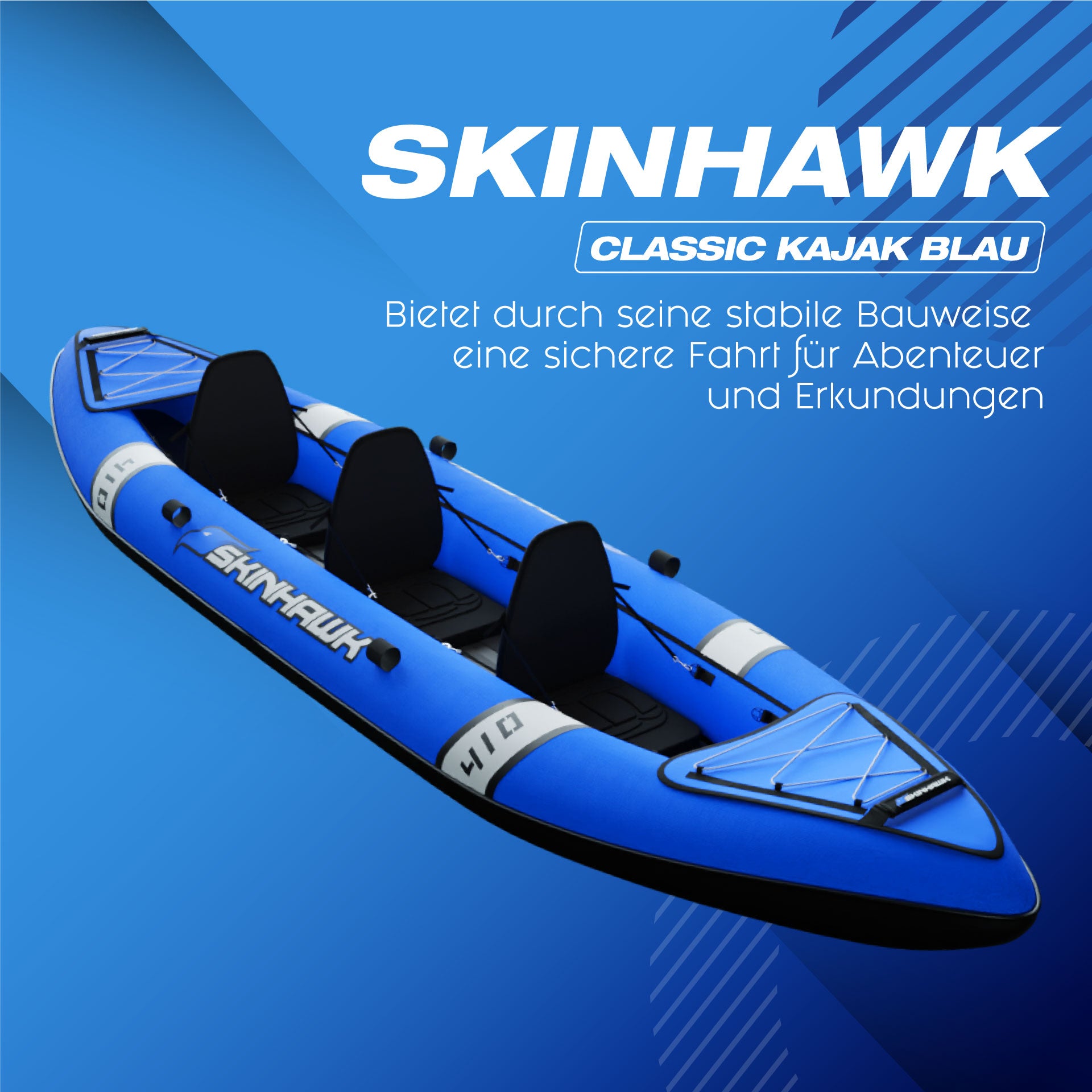 SKINHAWK CLASSIC – Opblaasbare 3-persoons kajak (410 x 90 cm) in blauw