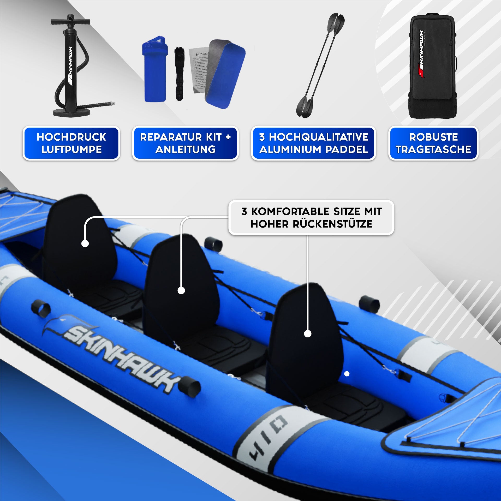 SKINHAWK CLASSIC – Opblaasbare 3-persoons kajak (410 x 90 cm) in blauw