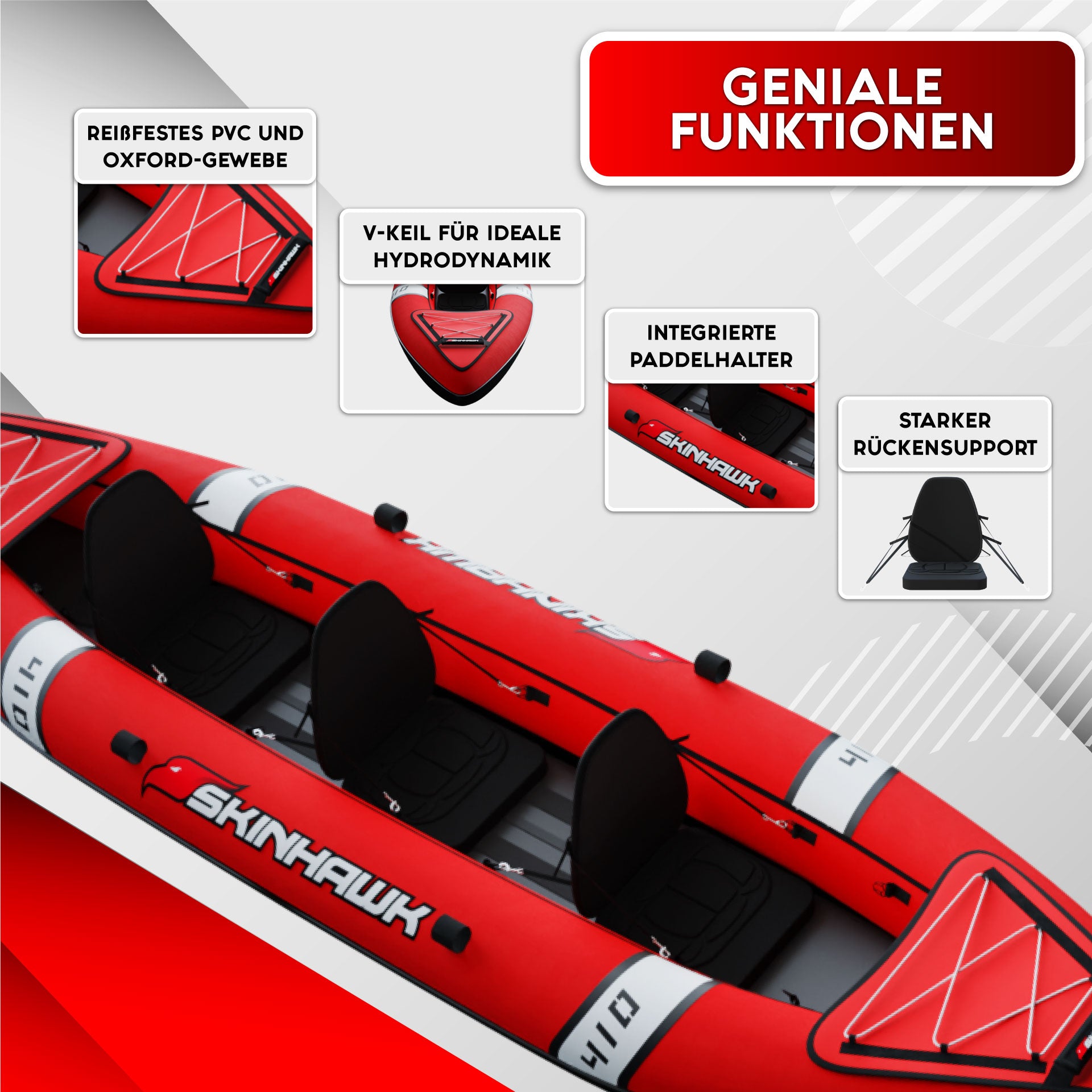 SKINHAWK Classic Kayak Rosso Canoa gonfiabile 410 per 3 persone