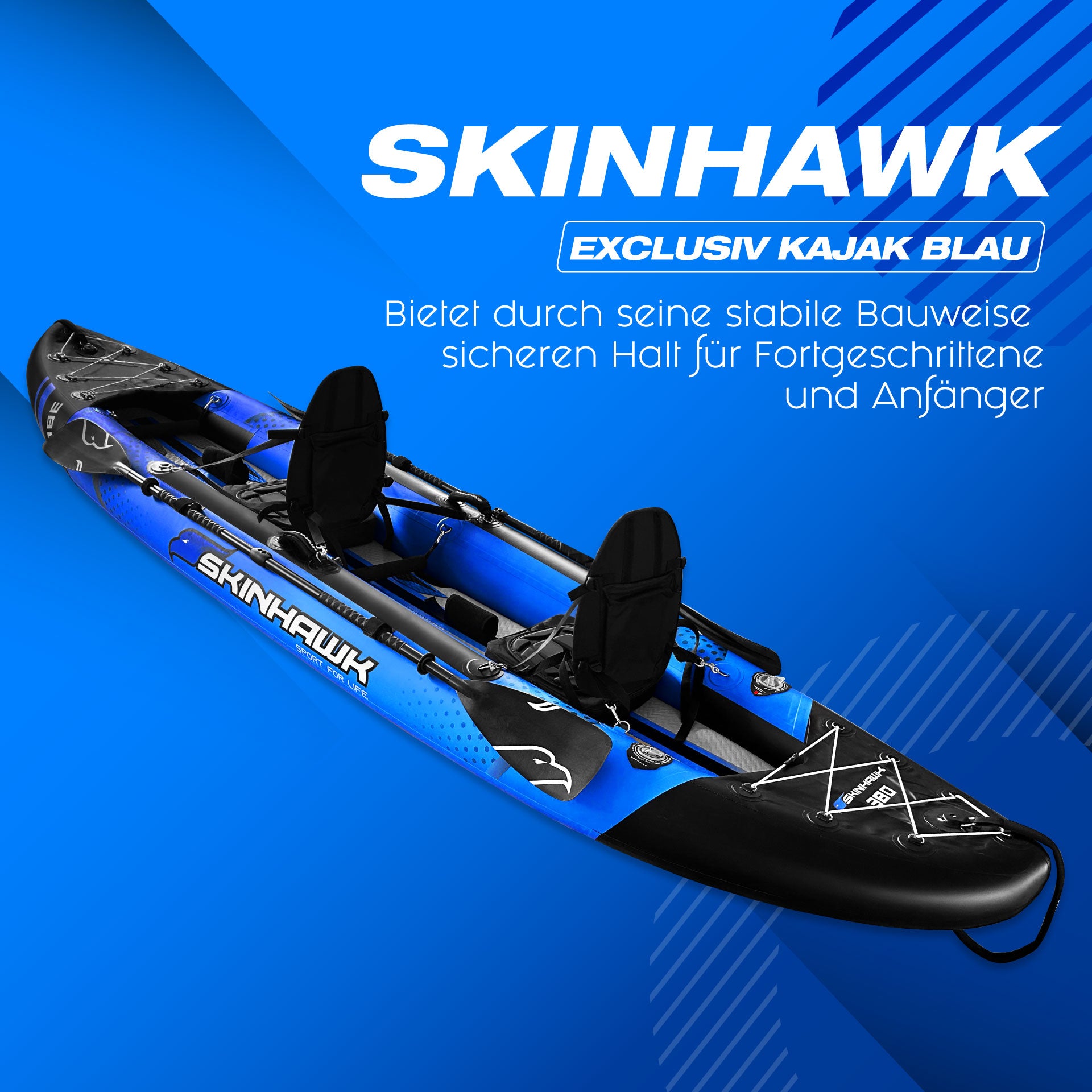 ACTIEARTIKEL!!! SKINHAWK EXCLUSIV TWEEPERSOONS KAJAK MET ALUMINIUM PEDDELS 380CM X 96CM BLAUW