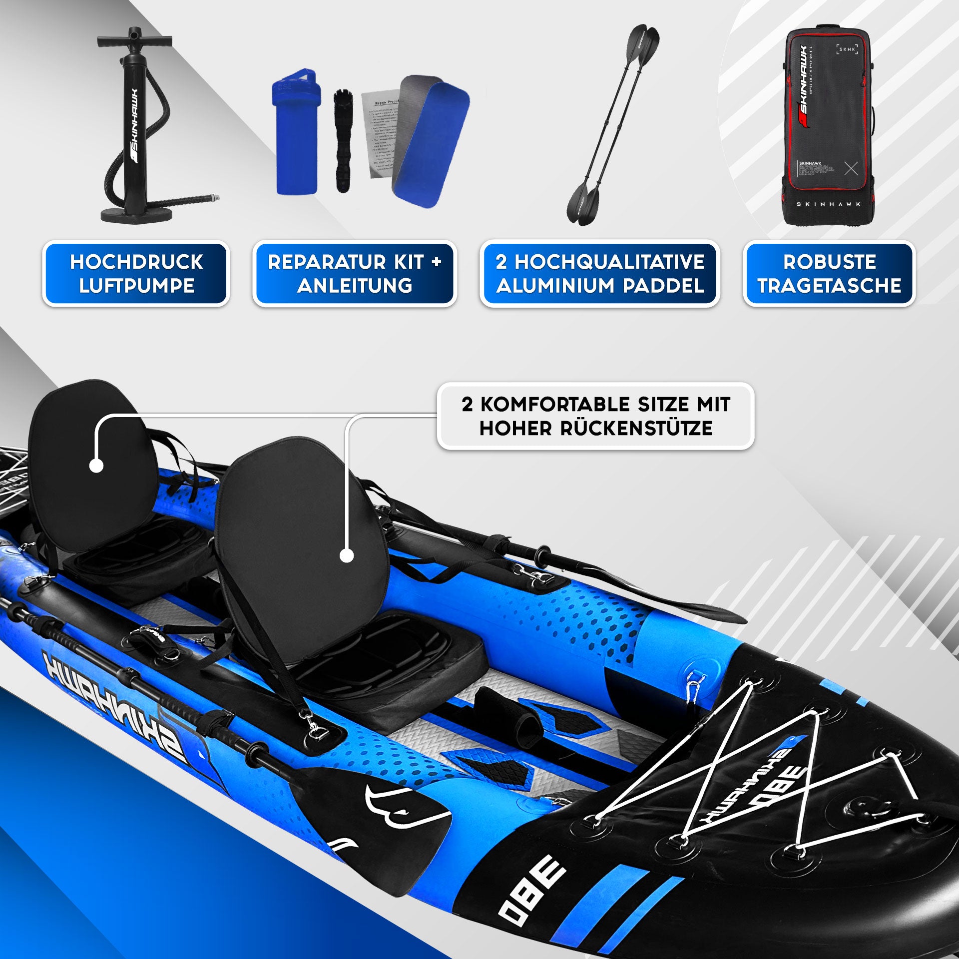 ACTIEARTIKEL!!! SKINHAWK EXCLUSIV TWEEPERSOONS KAJAK MET ALUMINIUM PEDDELS 380CM X 96CM BLAUW