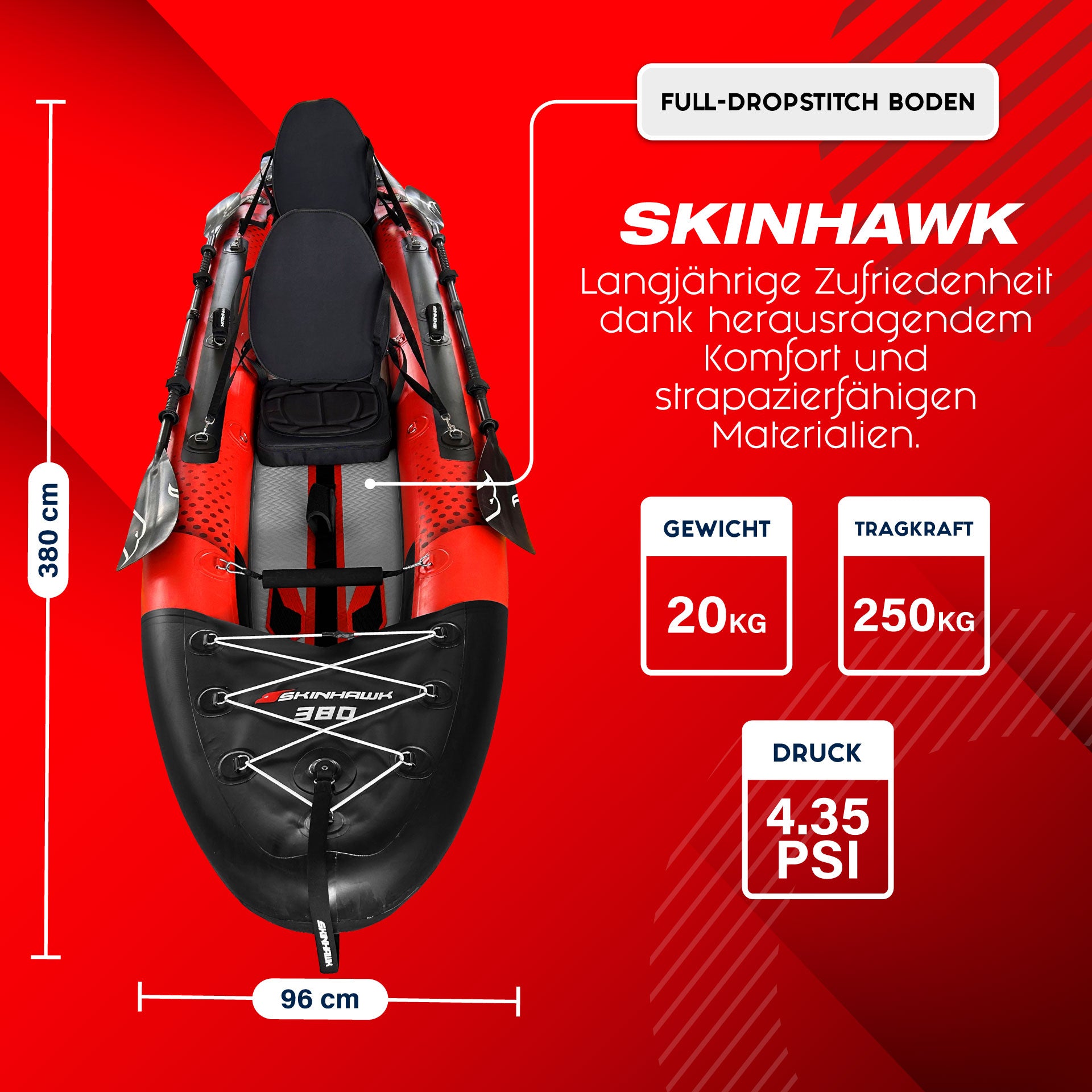 SKINHAWK EXCLUSIEF TWEEPERSOONSKAJAK 380CM X 96CM ROOD