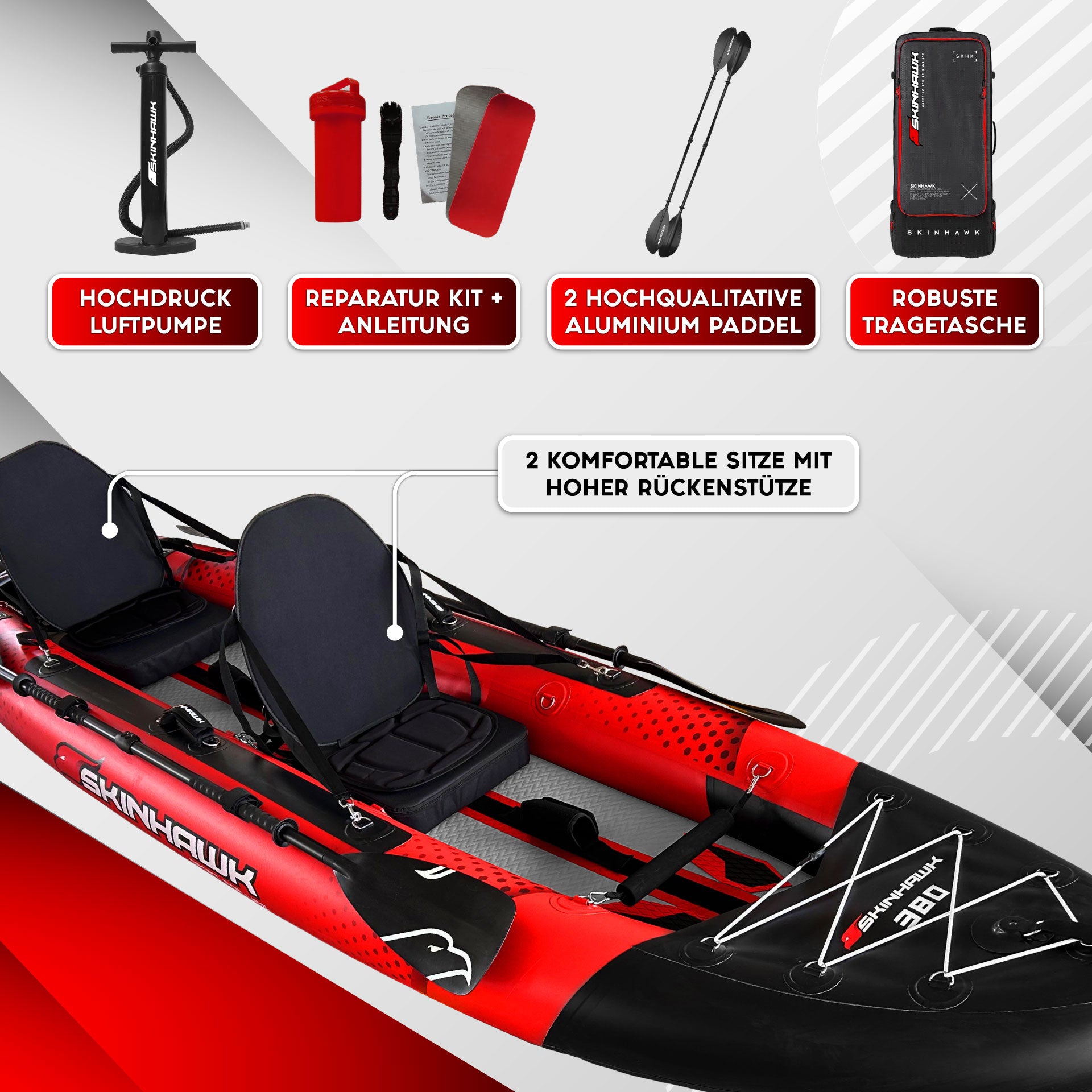 SKINHAWK EXCLUSIEF TWEEPERSOONSKAJAK 380CM X 96CM ROOD