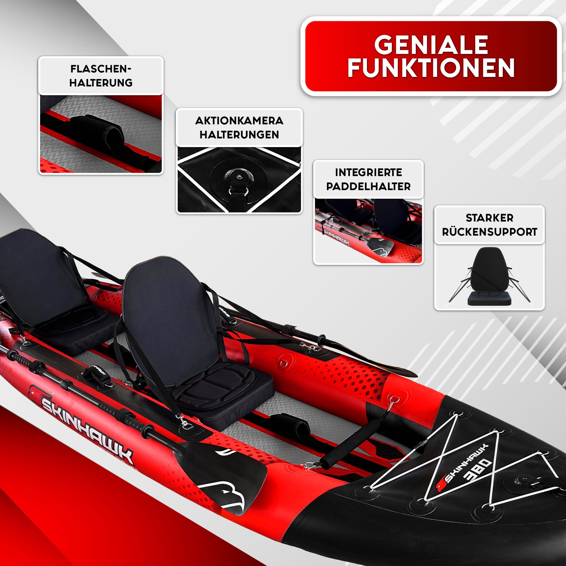 SKINHAWK EXCLUSIEF TWEEPERSOONSKAJAK 380CM X 96CM ROOD