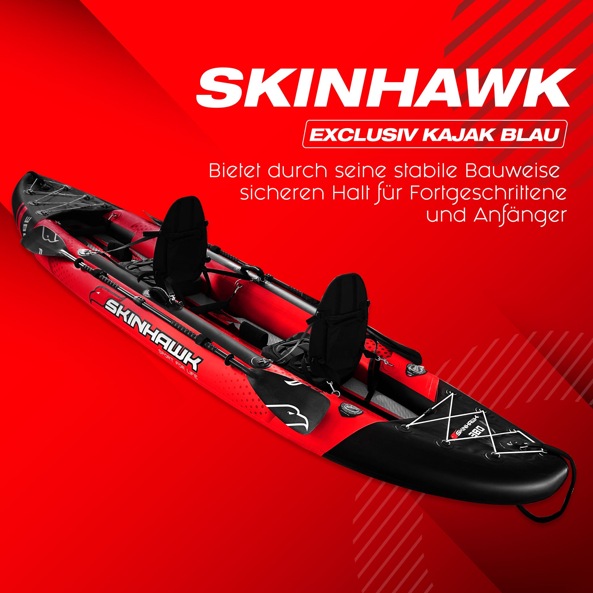 SKINHAWK EXCLUSIEF TWEEPERSOONSKAJAK 380CM X 96CM ROOD