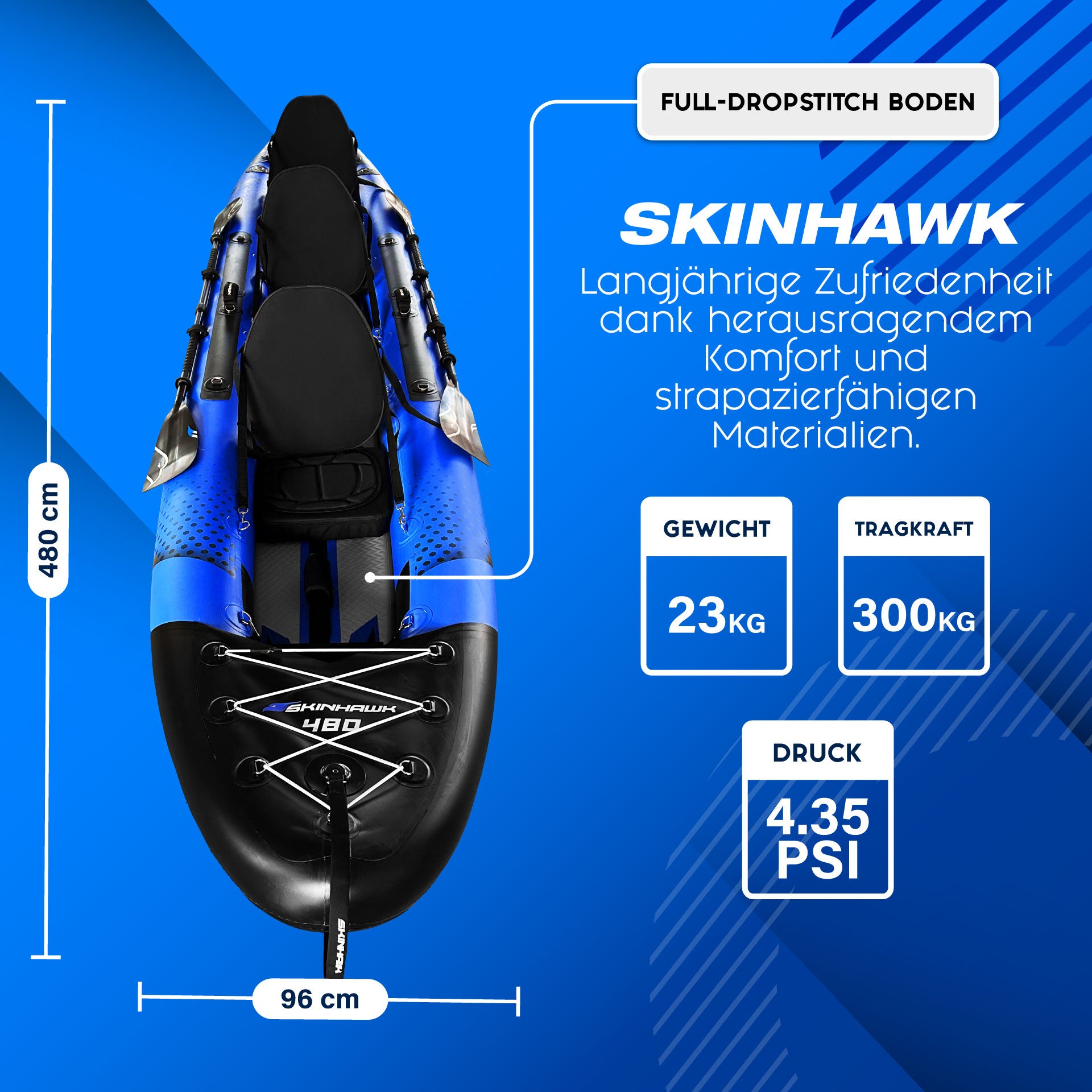 SKINHAWK EXCLUSIV DRIETAL KAYAK 480 CM X 96 CM BLAUW