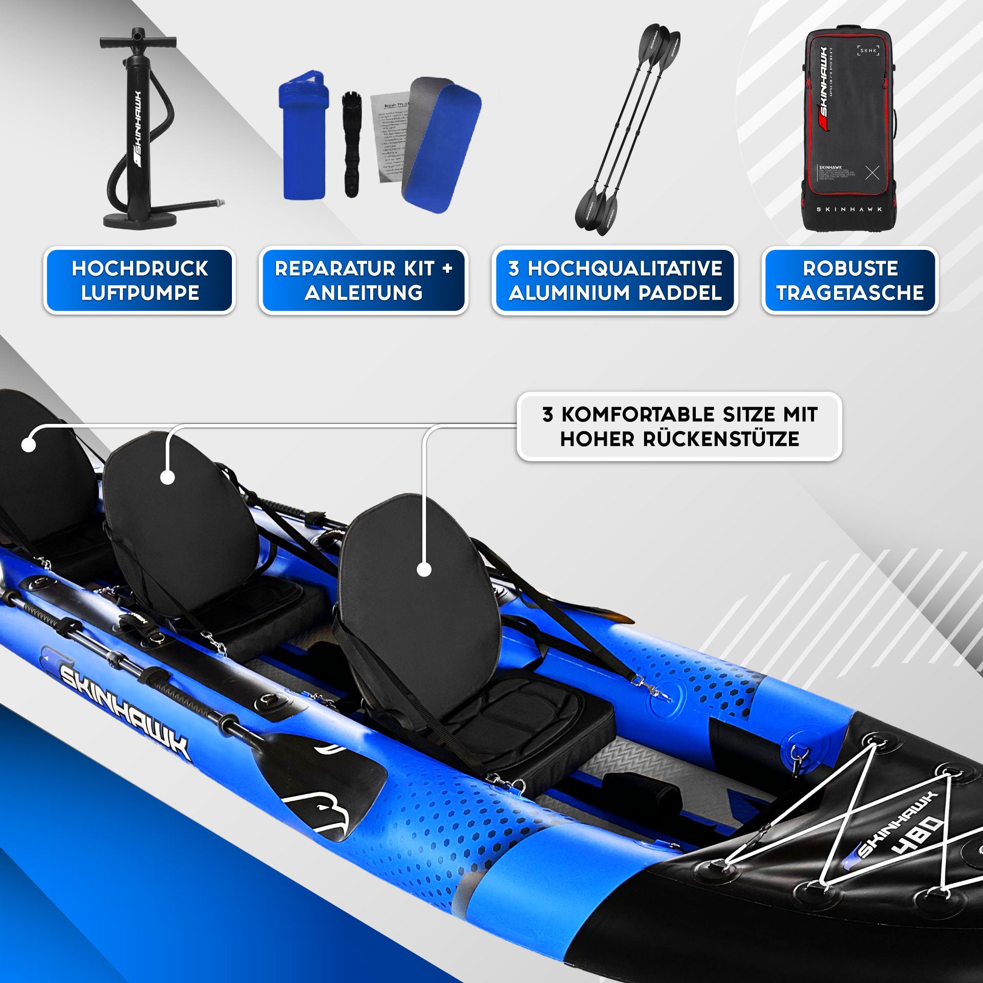SKINHAWK EXCLUSIV DRIETAL KAYAK 480 CM X 96 CM BLAUW