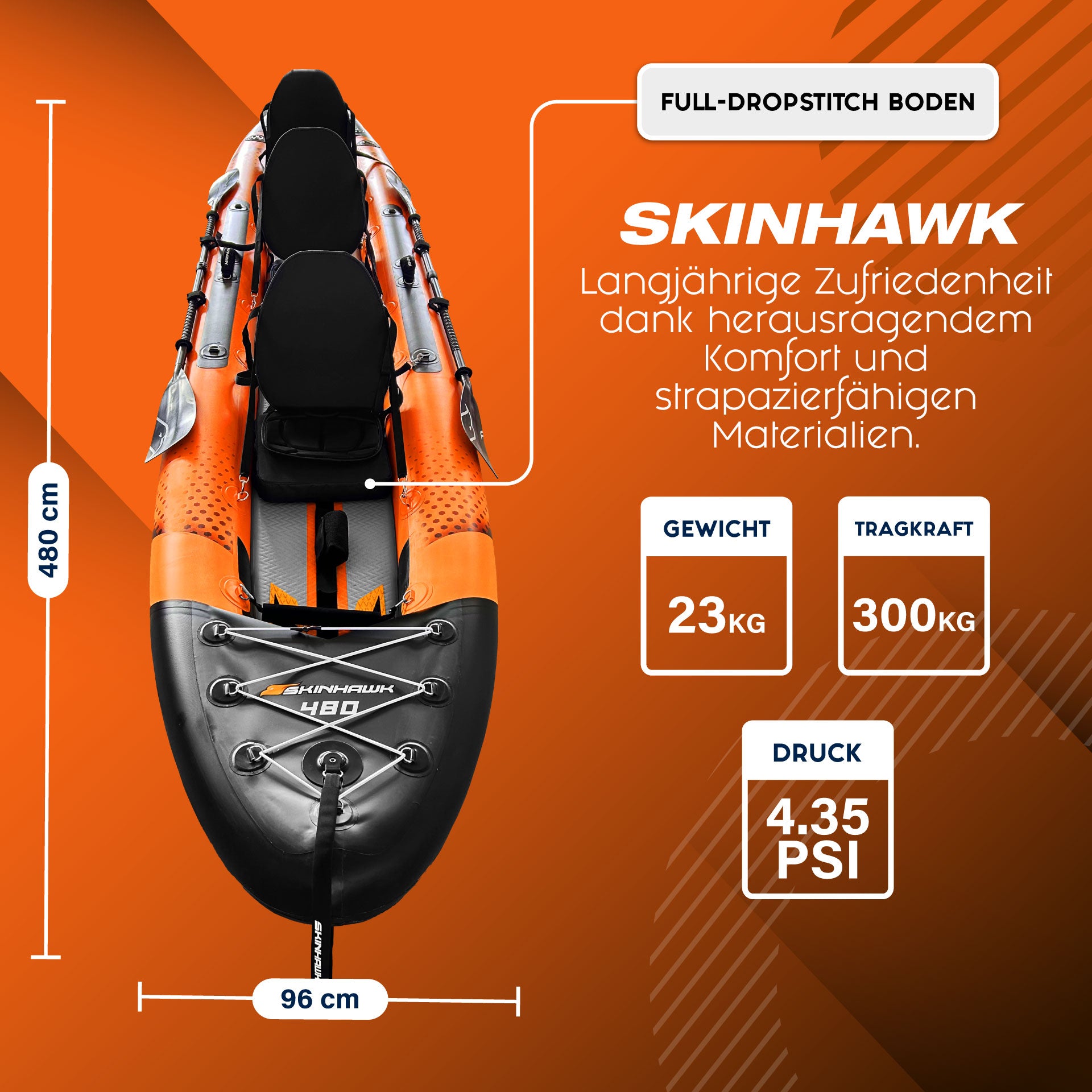 SKINHAWK EXCLUSIEF DRIETAL KAJAK kopen 480 CM X 96 CM ORANJE