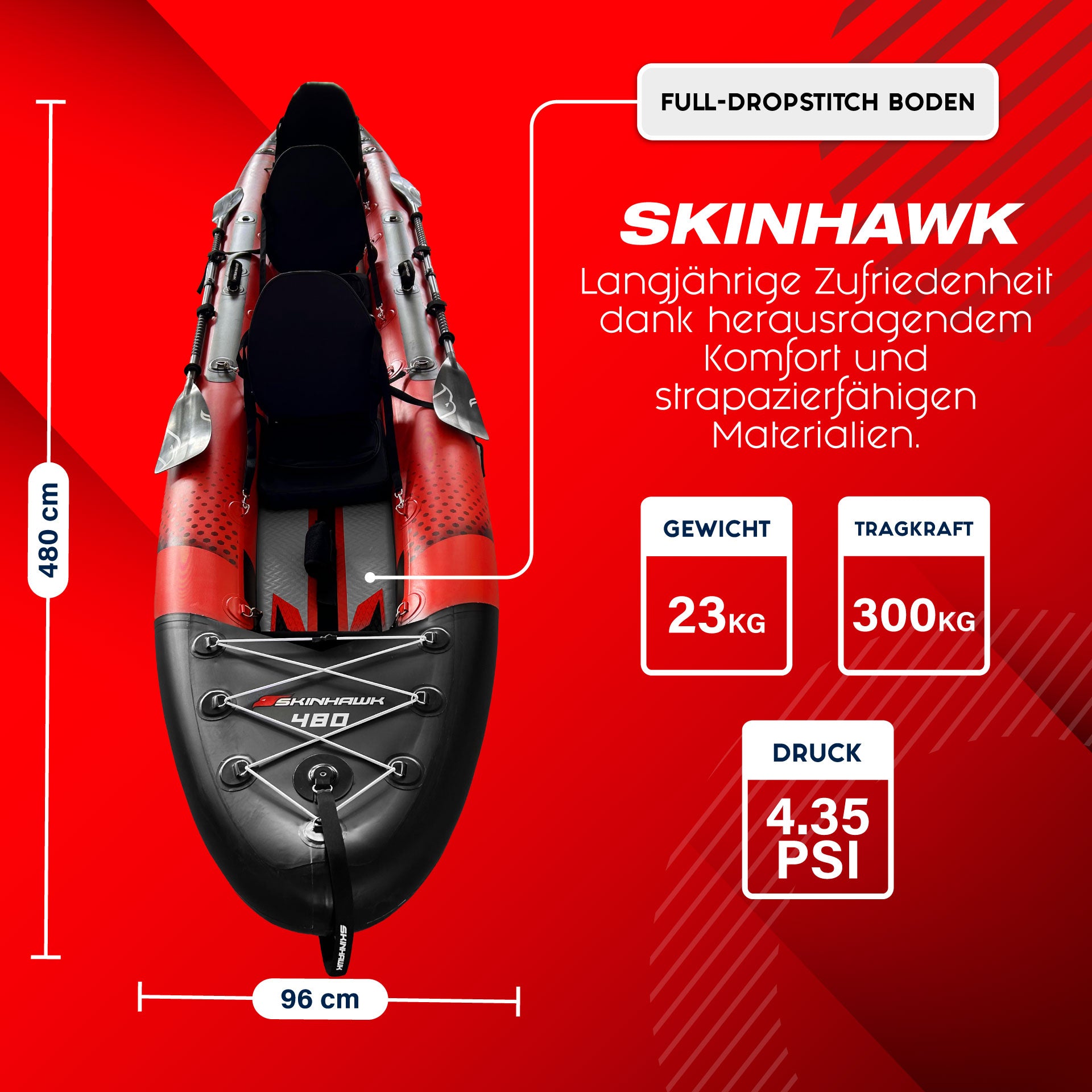 SKINHAWK EXCLUSIEF DRIETAL KAJAK 480 CM X 96 CM ROOD