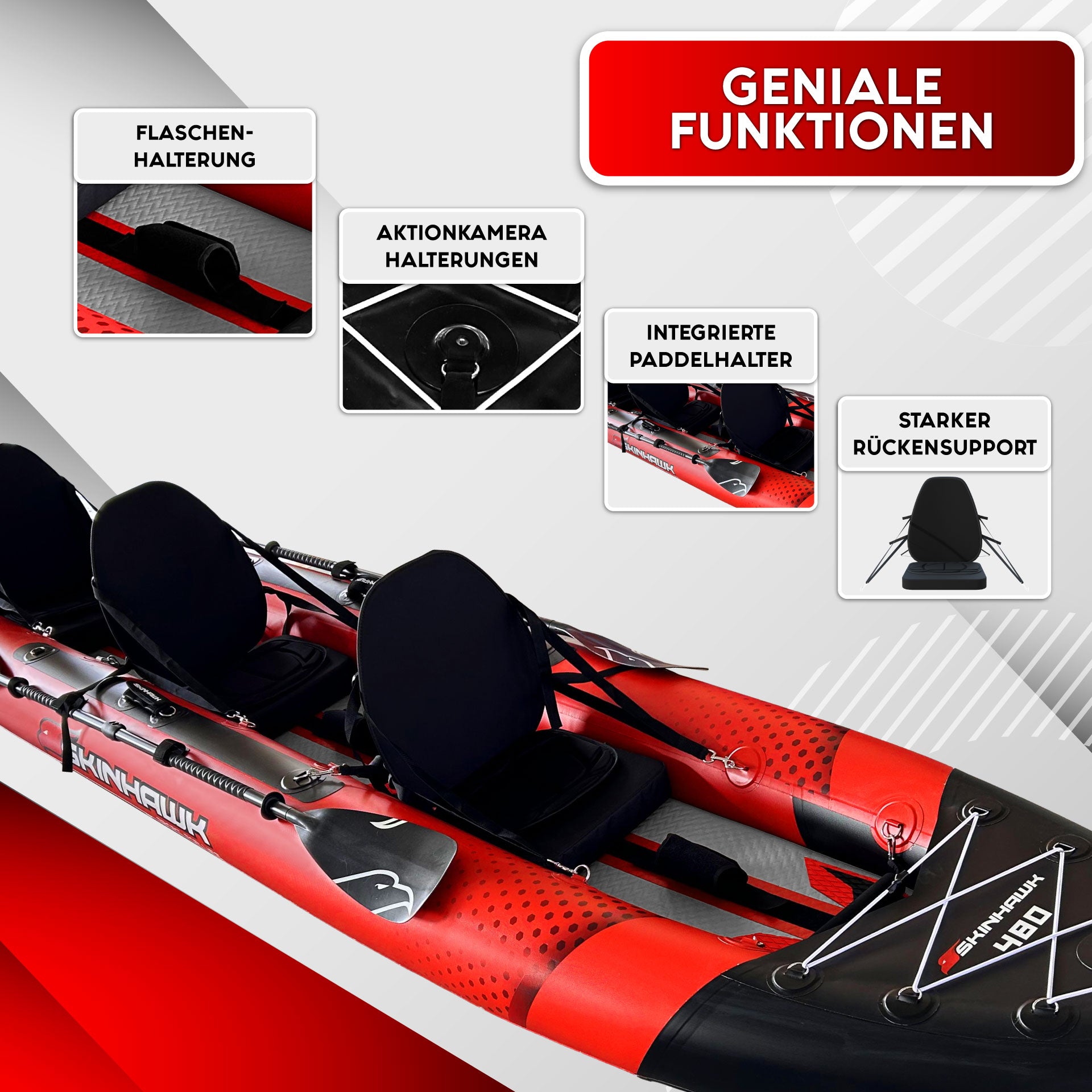 SKINHAWK EXCLUSIEF DRIETAL KAJAK 480 CM X 96 CM ROOD