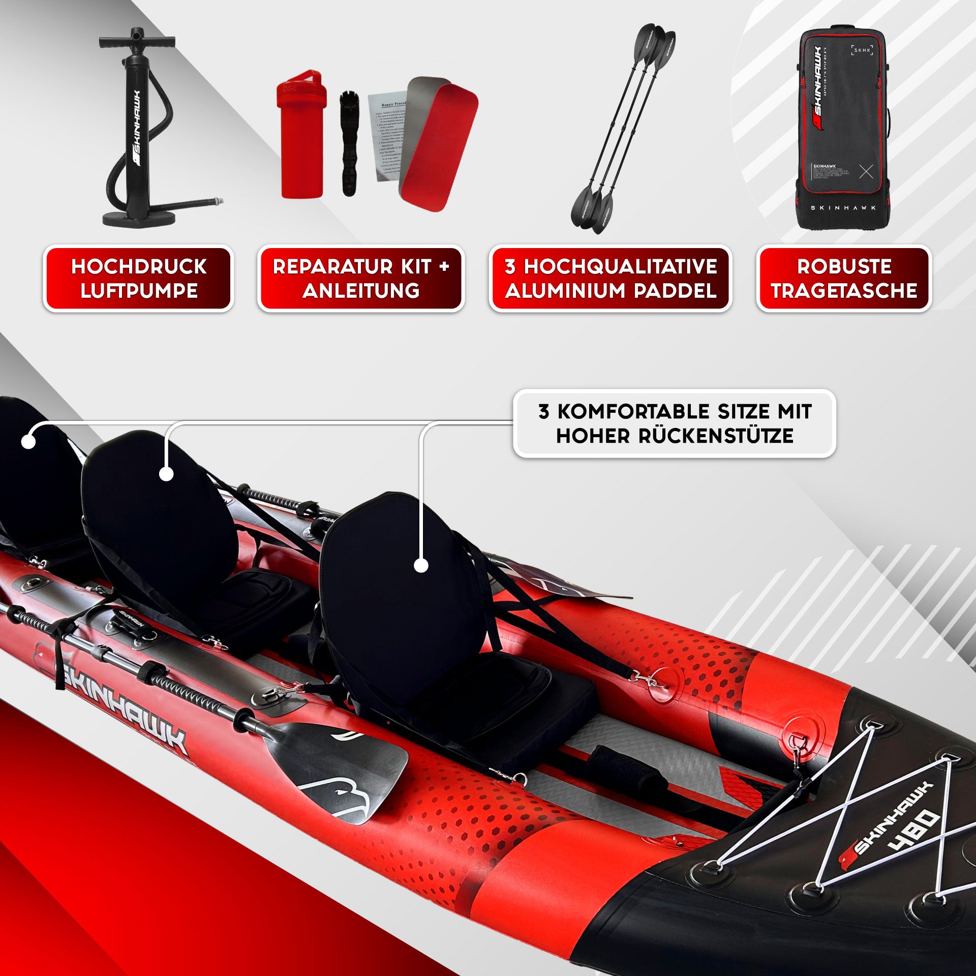 SKINHAWK EXCLUSIEF DRIETAL KAJAK 480 CM X 96 CM ROOD