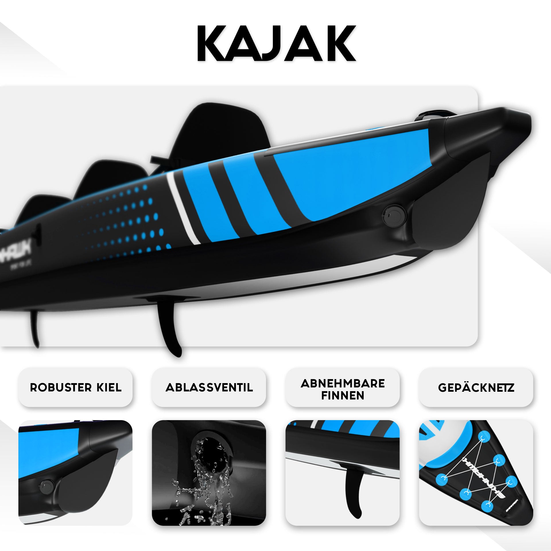 SKINHAWK Premium Full Drop Stitch Blue Kayak 490 Inflatable Canoe 490 x 85 cm