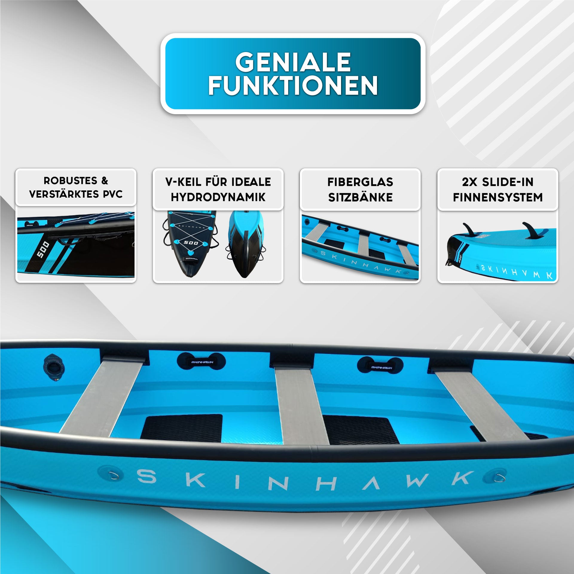 SKINHAWK Premium Full Drop Stitch Canoa 500, canoa per 3 persone, 500 x 90 x 45 cm Blu