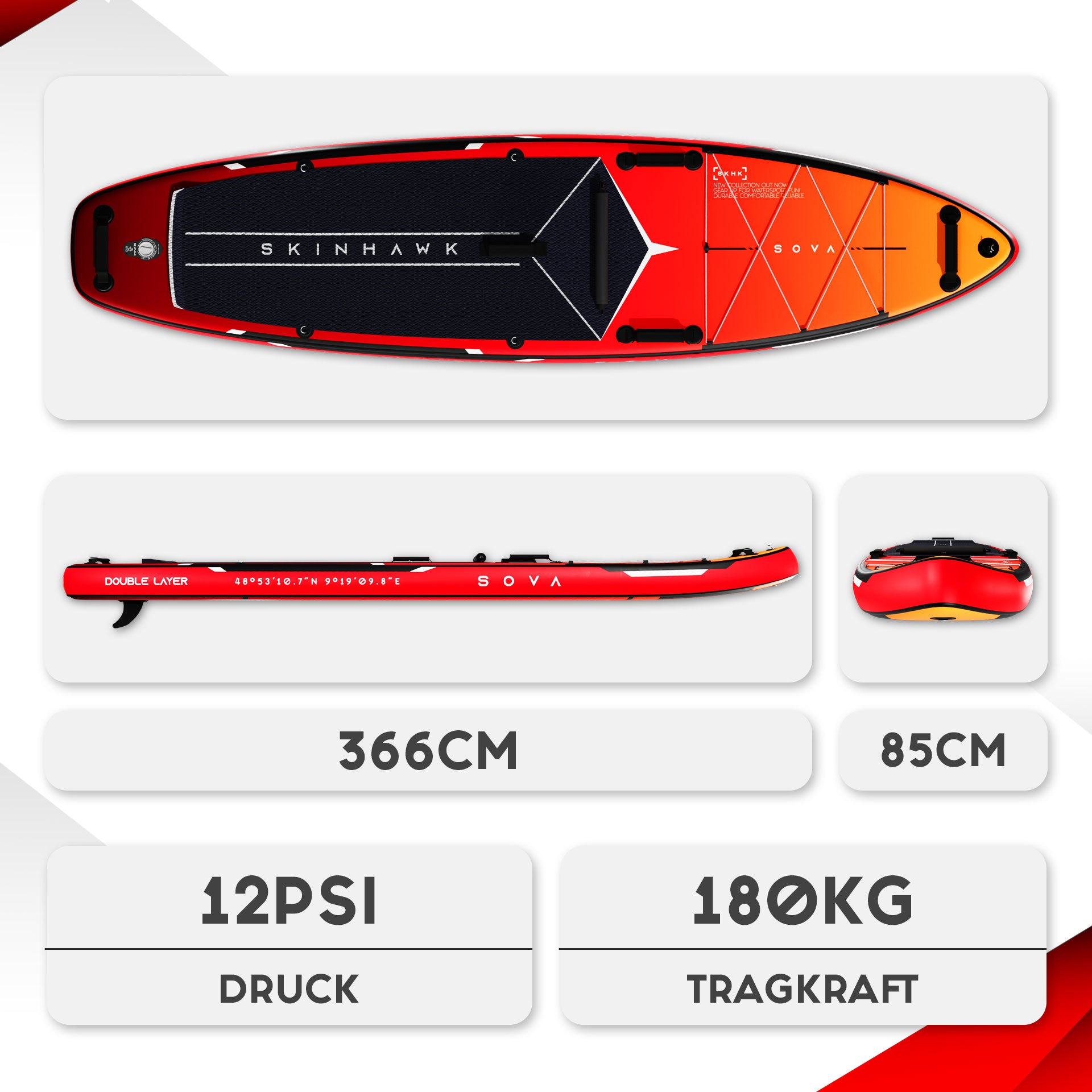 SKINHAWK SOVA12 SUP Board Rood Set 366 x 85 x 15cm