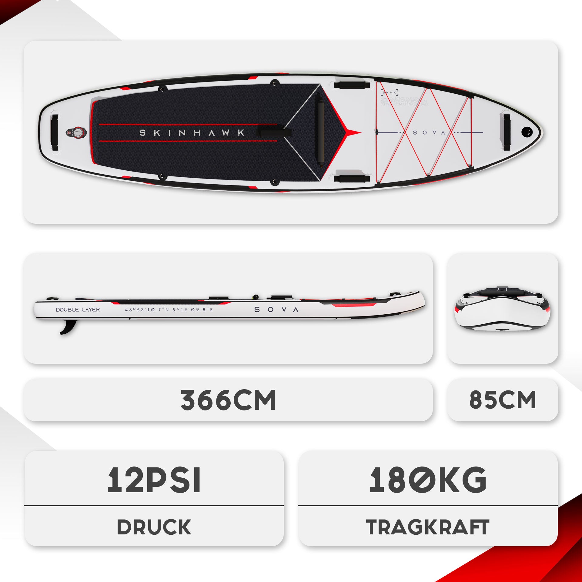 SKINHAWK SOVA12 SUP Board Set 366 x 85 x 15cm WEISS