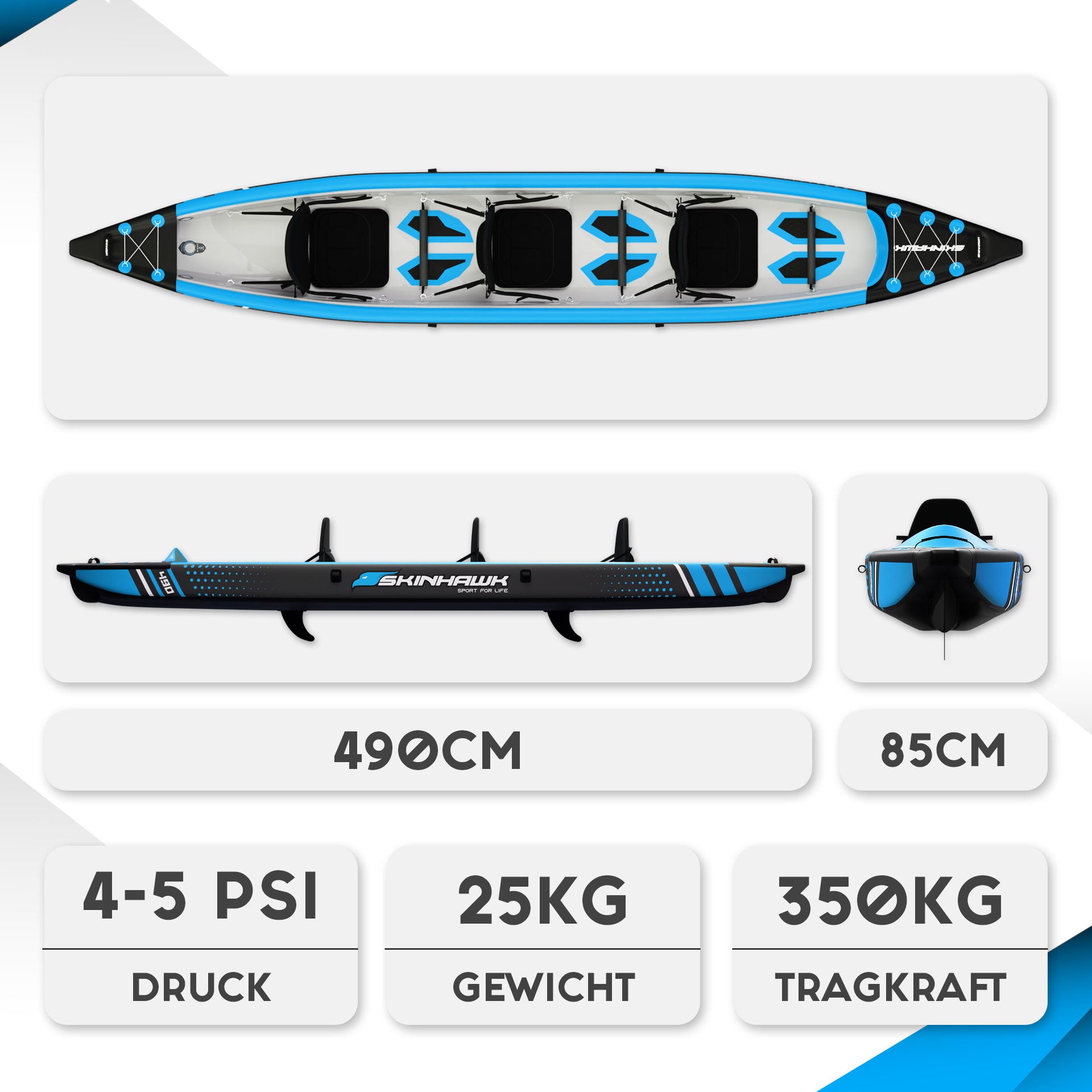 SKINHAWK Premium Full Drop Stitch Blue Kayak 490 Inflatable Canoe 490 x 85 cm