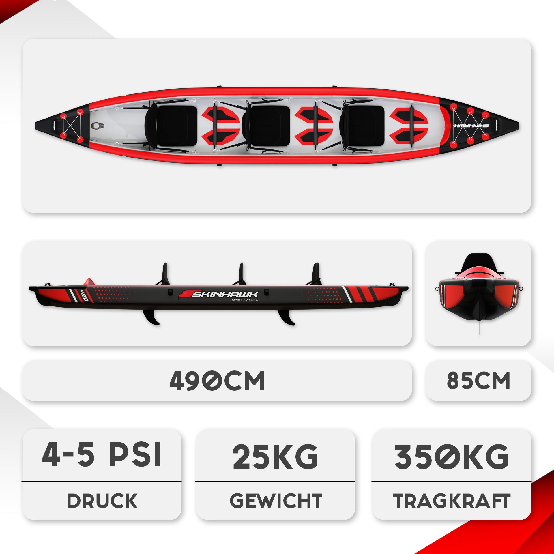 SKINHAWK Premium Full Drop Stitch Rosso Kayak 490 Canoa gonfiabile 490 x 85 cm