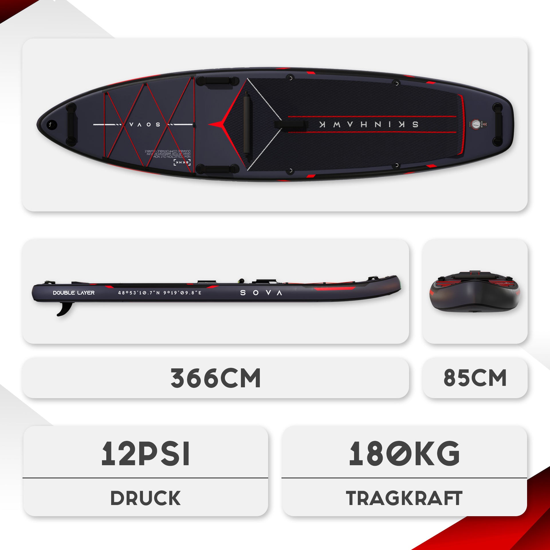 SKINHAWK SOVA12 SUP Board Black Set 366 x 85 x 15cm