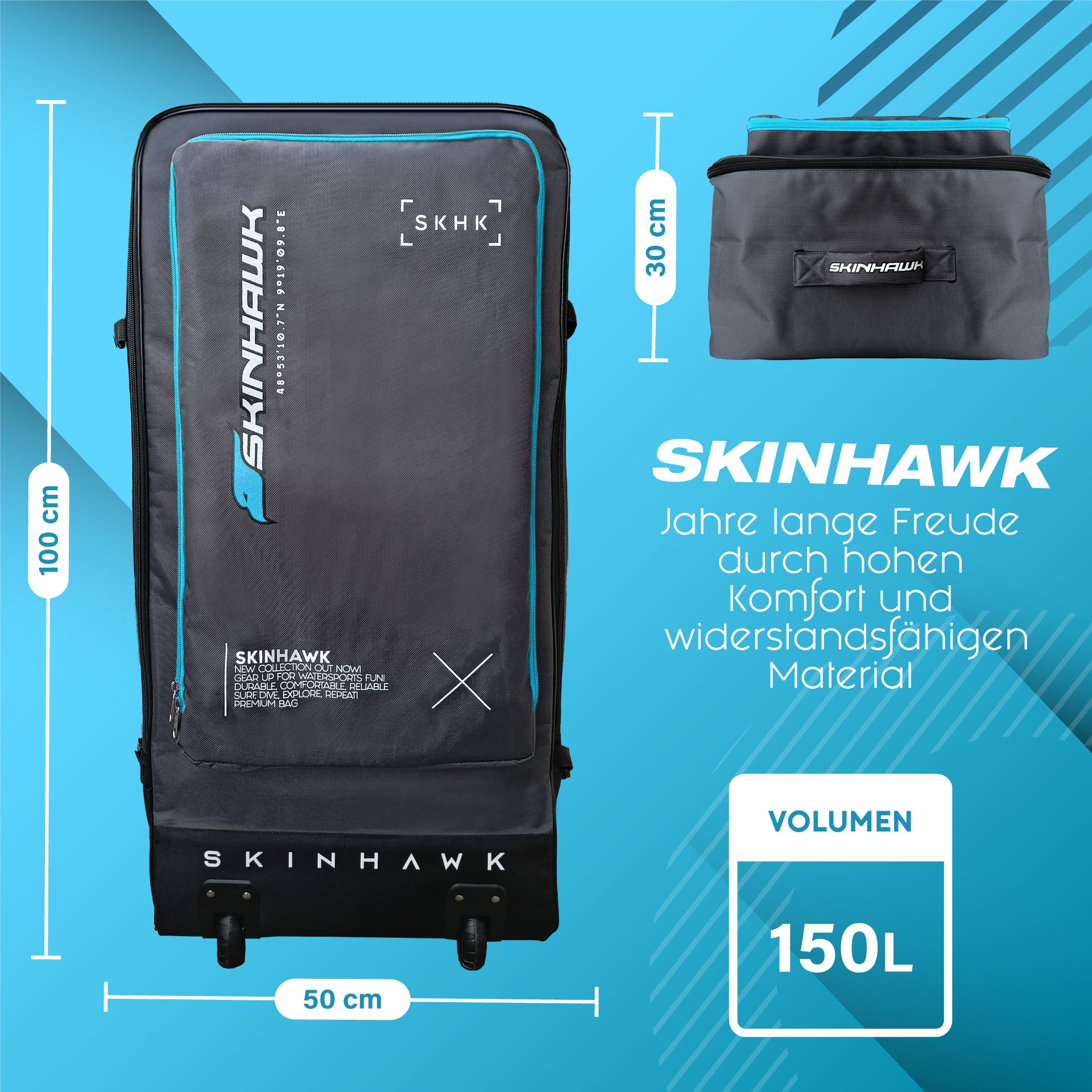 SKINHAWK Sac pour planche de SUP, Sac à dos robuste avec roulettes, Tissu indéchirable 1680D