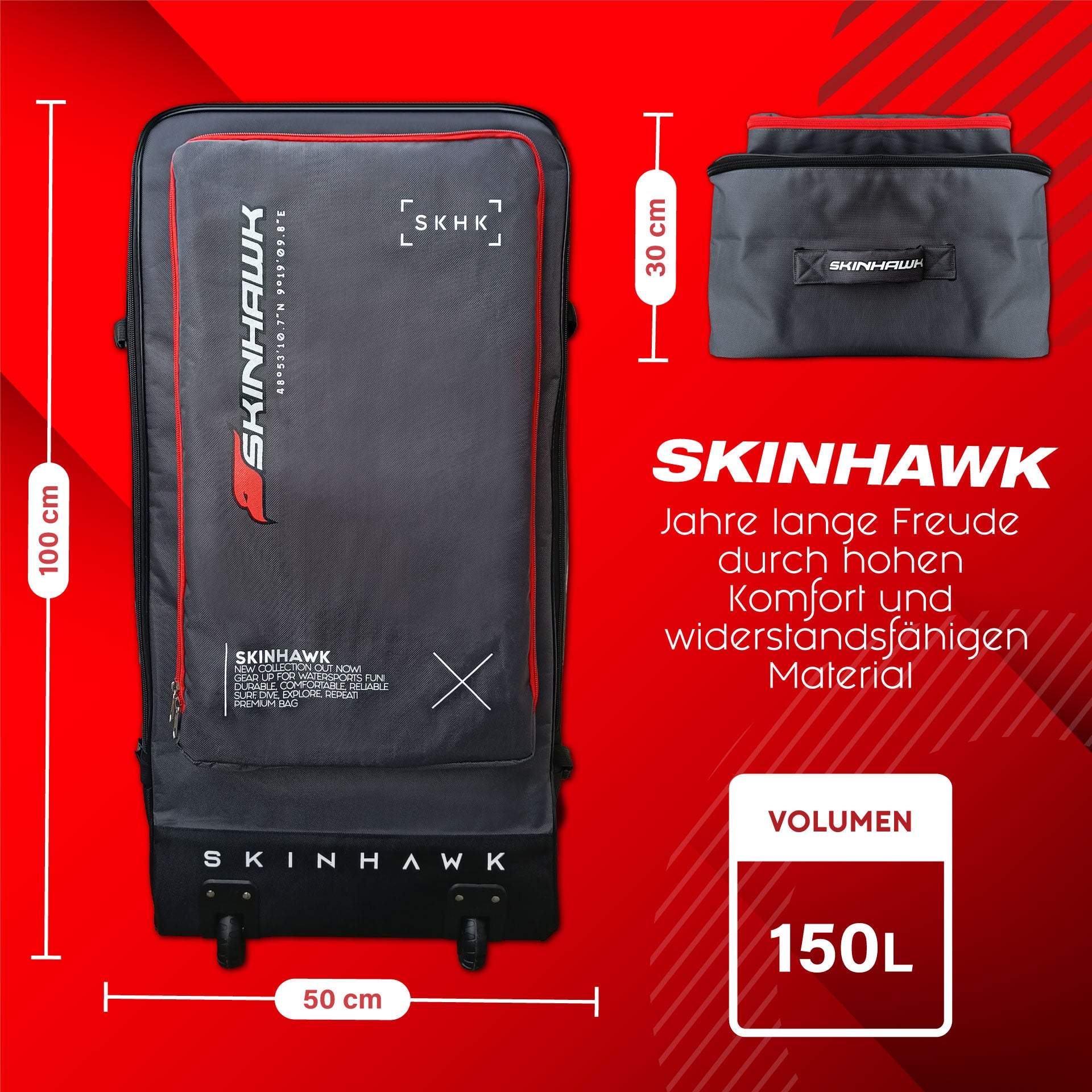 SKINHAWK Sac pour planche de SUP, Sac à dos robuste avec roulettes, Tissu indéchirable 1680D