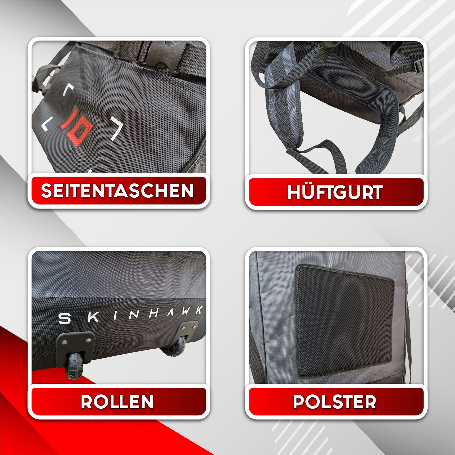 SKINHAWK SUP-Rucksack mit Rollen und reißfestem 1680D-Gewebe