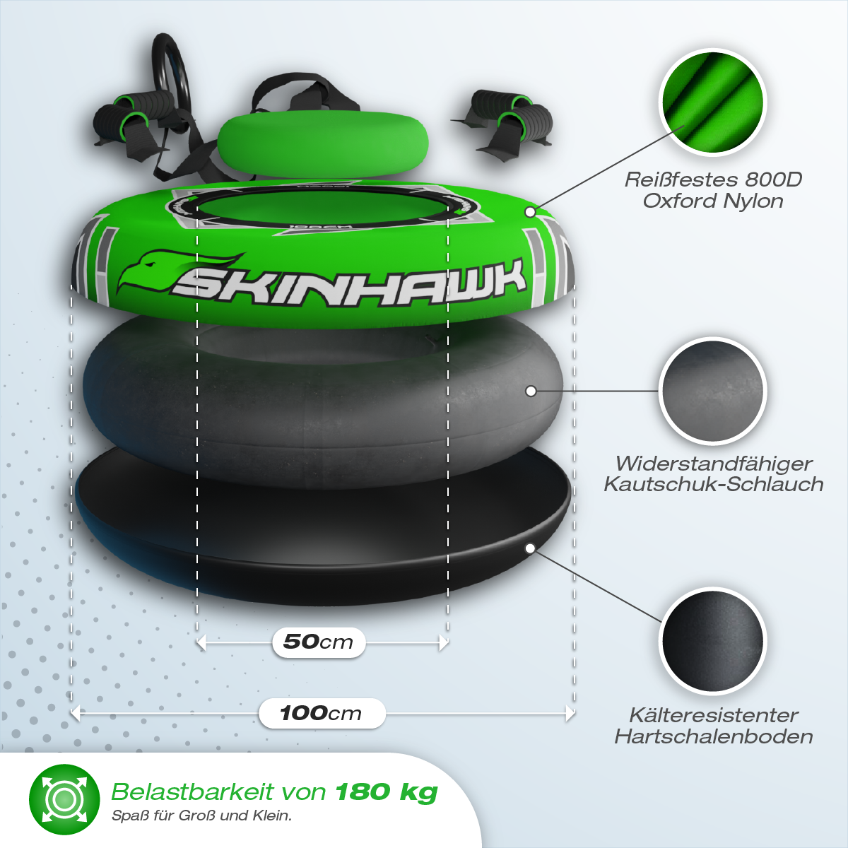 Skinhawk Profi Snowtube verde Ø100cm Pneumatico da slittino Pneumatico da neve