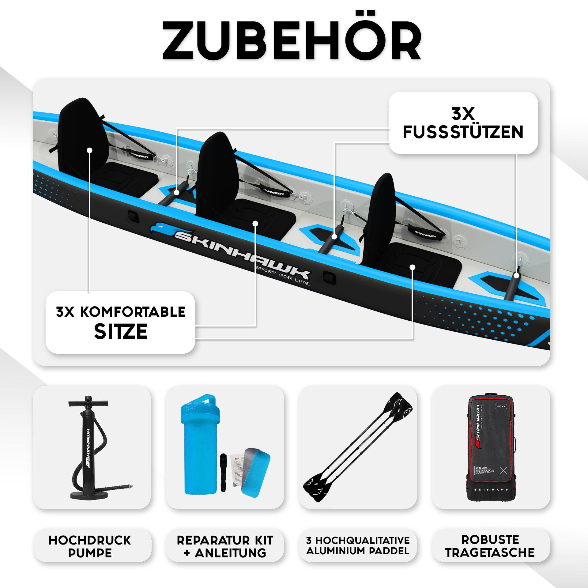 SKINHAWK Premium Full Drop Stitch Blue Kayak 490 Inflatable Canoe 490 x 85 cm
