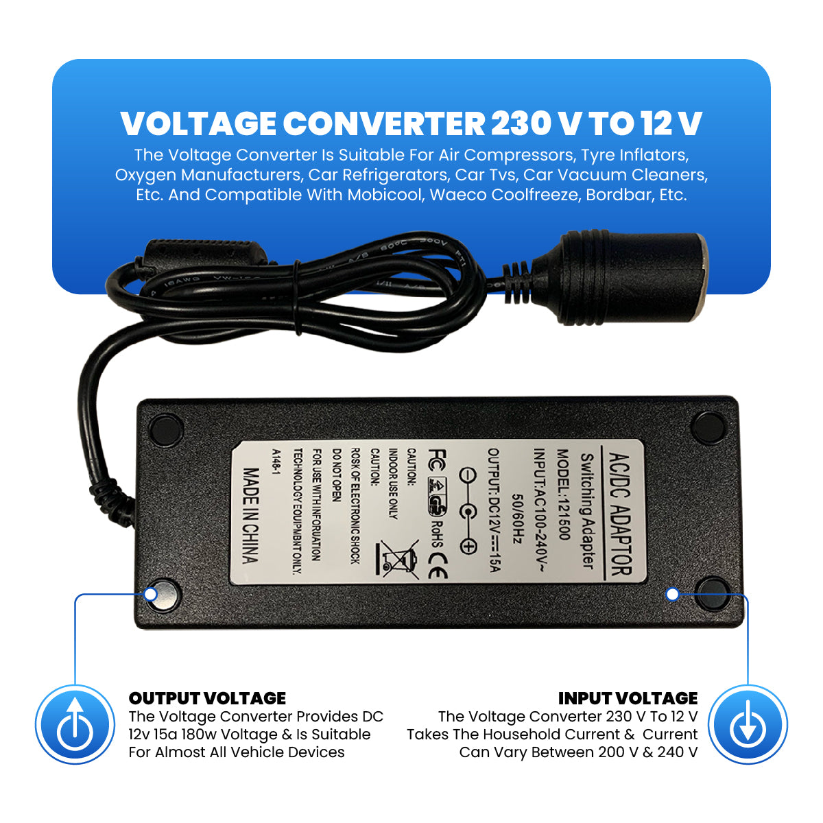 Convertisseur de tension 230V vers 12V Alimentation voiture 12V 15A avec prise allume-cigare 12V 15A AC-DC