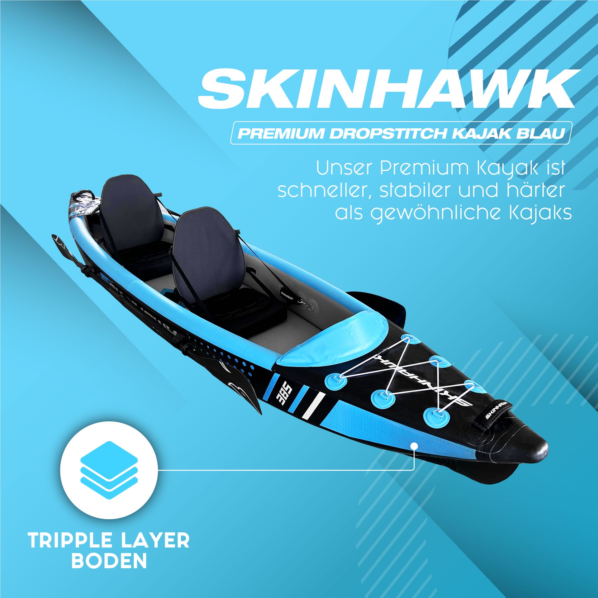 SKINHAWK Premium Full Drop Stitch Blue Kayak 385 Inflatable Canoe 385 x 85 cm