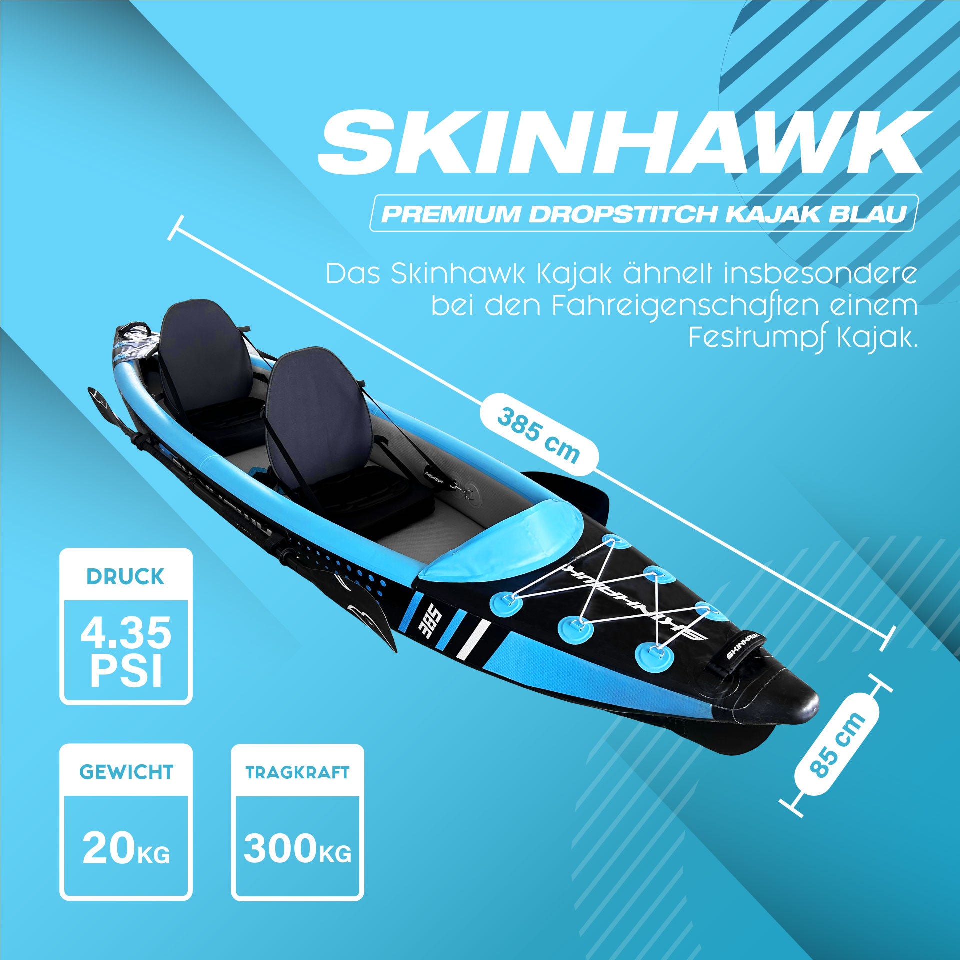 SKINHAWK Premium Full Drop Stitch Blue Kayak 385 Inflatable Canoe 385 x 85 cm