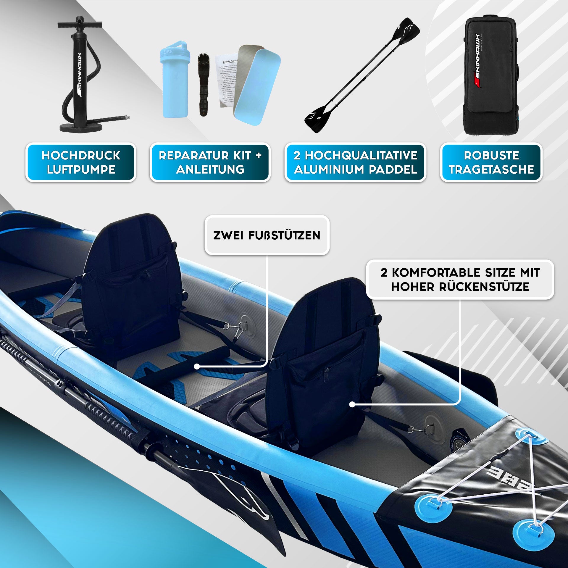 SKINHAWK Premium Full Drop Stitch Blue Kayak 385 Inflatable Canoe 385 x 85 cm