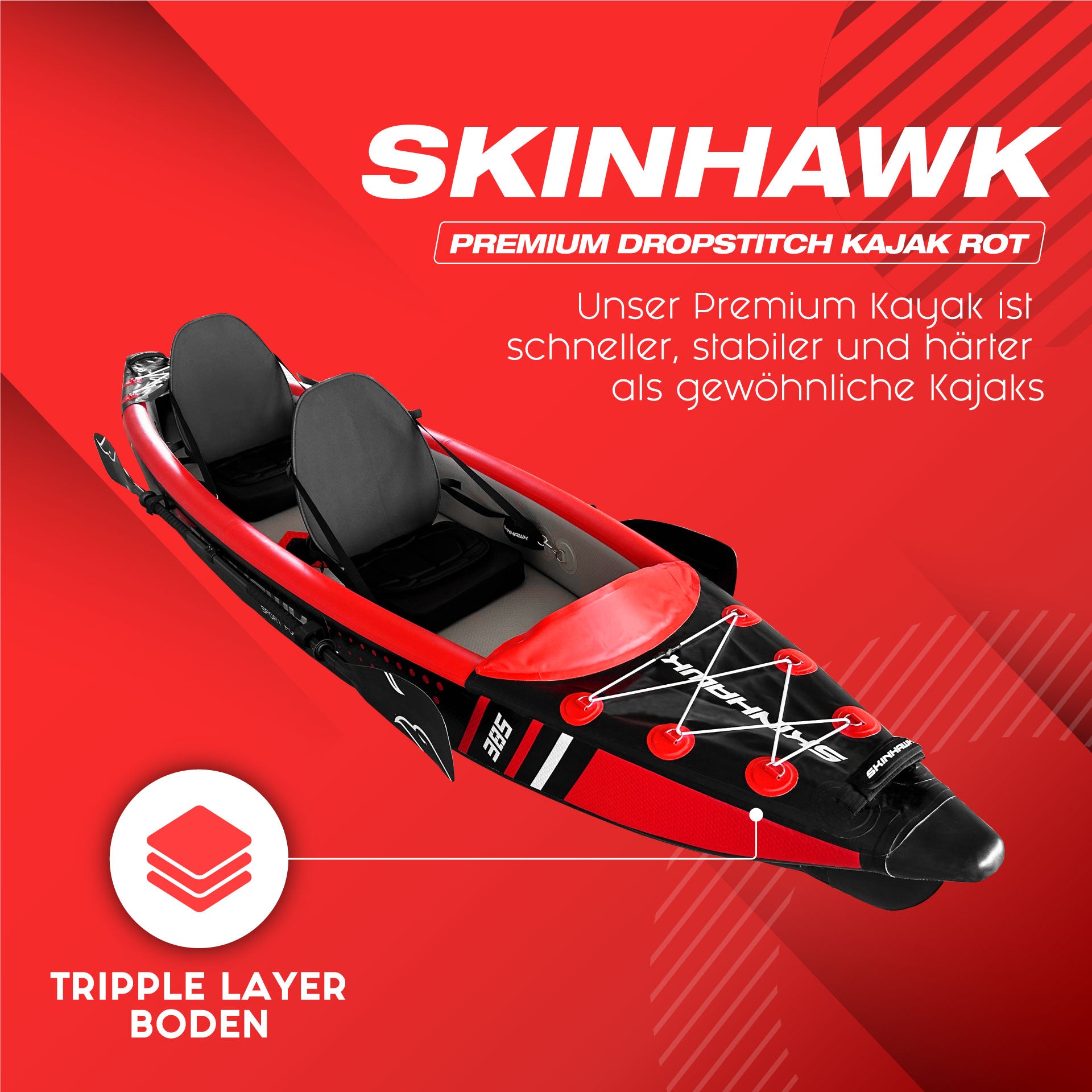 SKINHAWK Premium Full Drop Stitch Red Kayak 385 Inflatable Canoe 385 x 85 cm