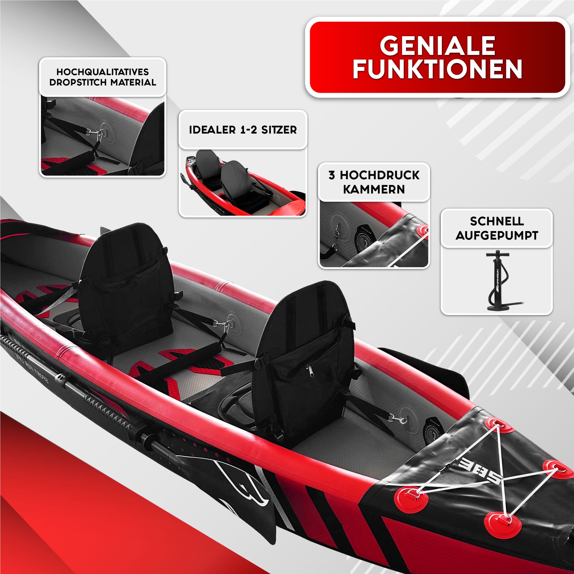 SKINHAWK Premium Full Drop Stitch Red Kayak 385 Inflatable Canoe 385 x 85 cm