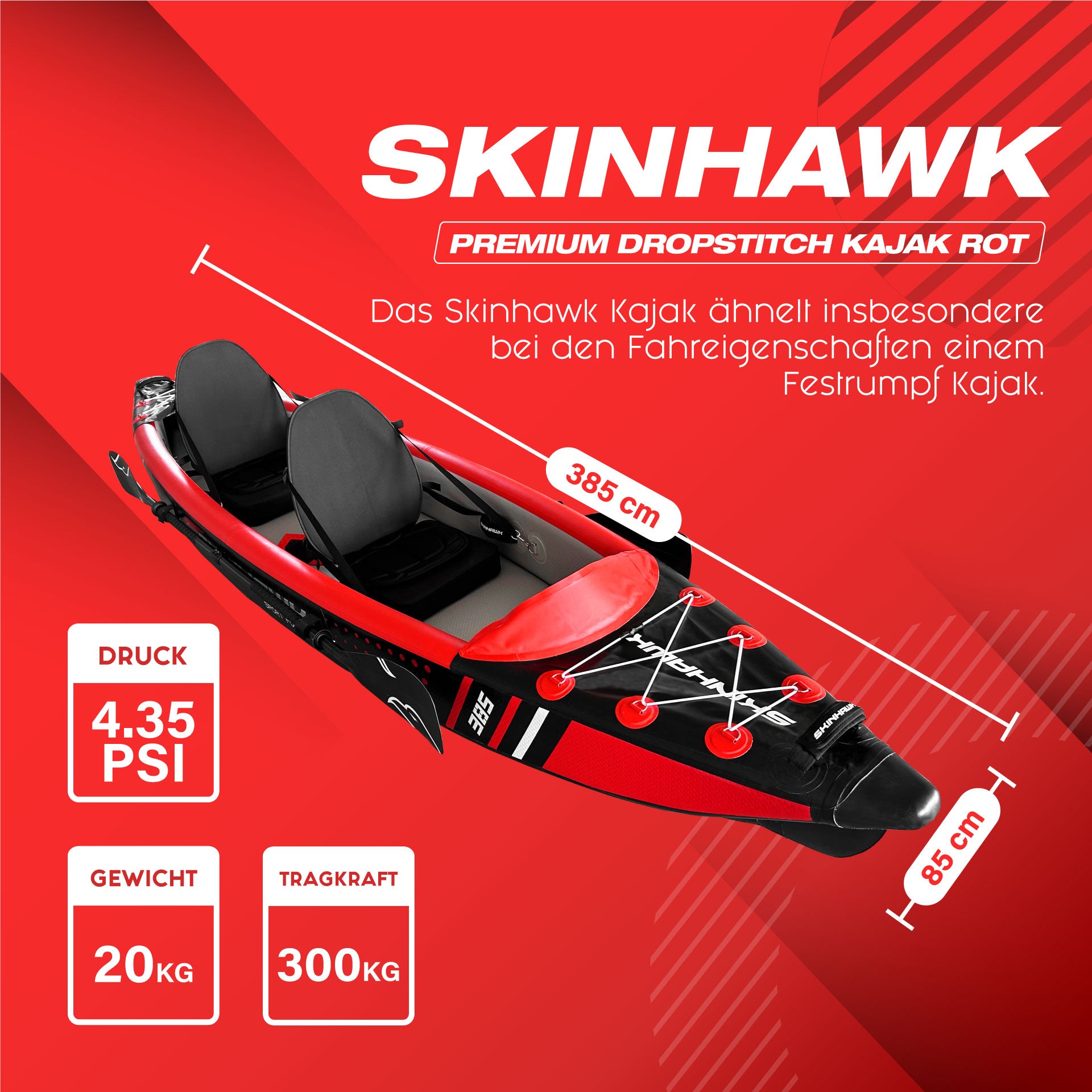 SKINHAWK Premium Full Drop Stitch Red Kayak 385 Inflatable Canoe 385 x 85 cm