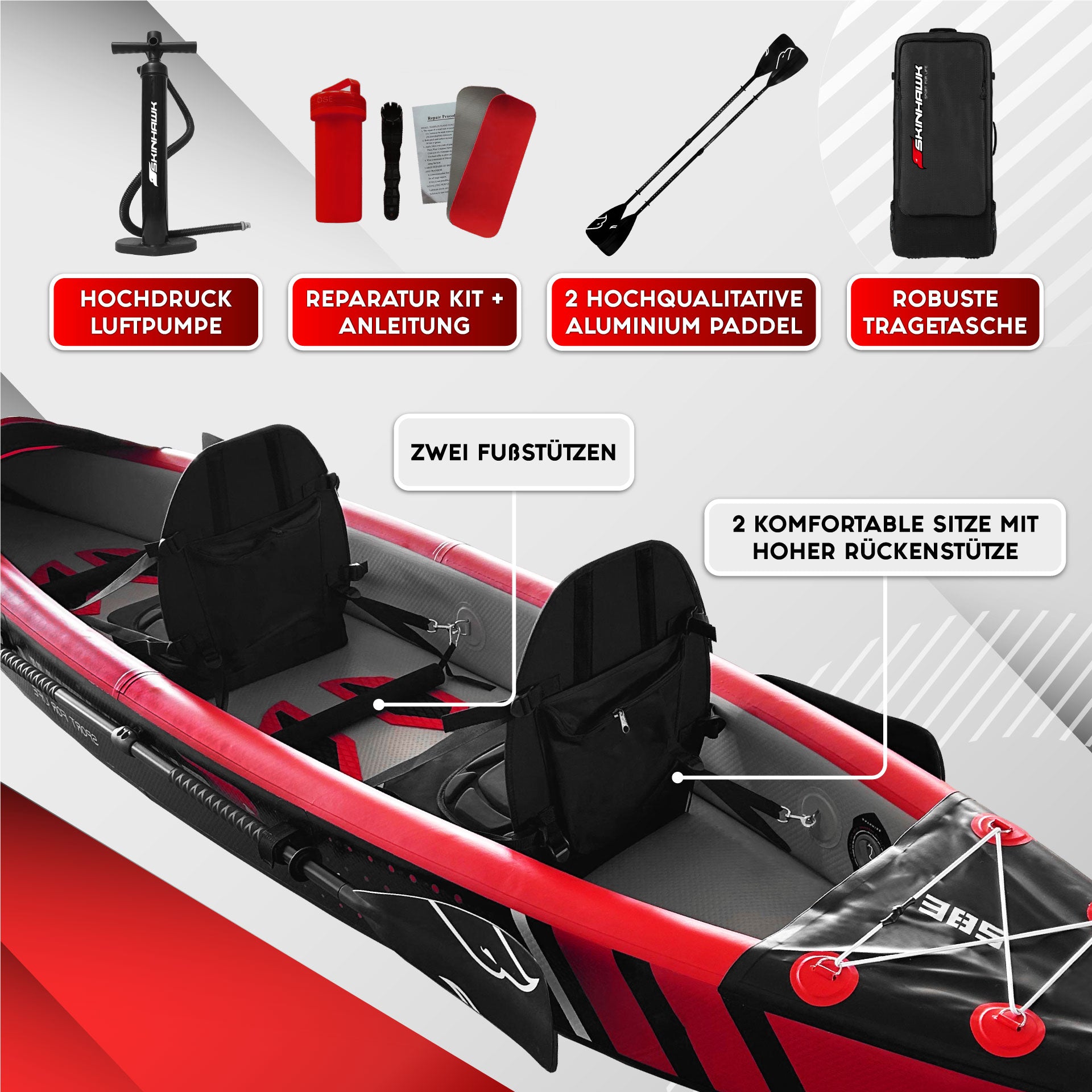 SKINHAWK Premium Full Drop Stitch Red Kayak 385 Inflatable Canoe 385 x 85 cm
