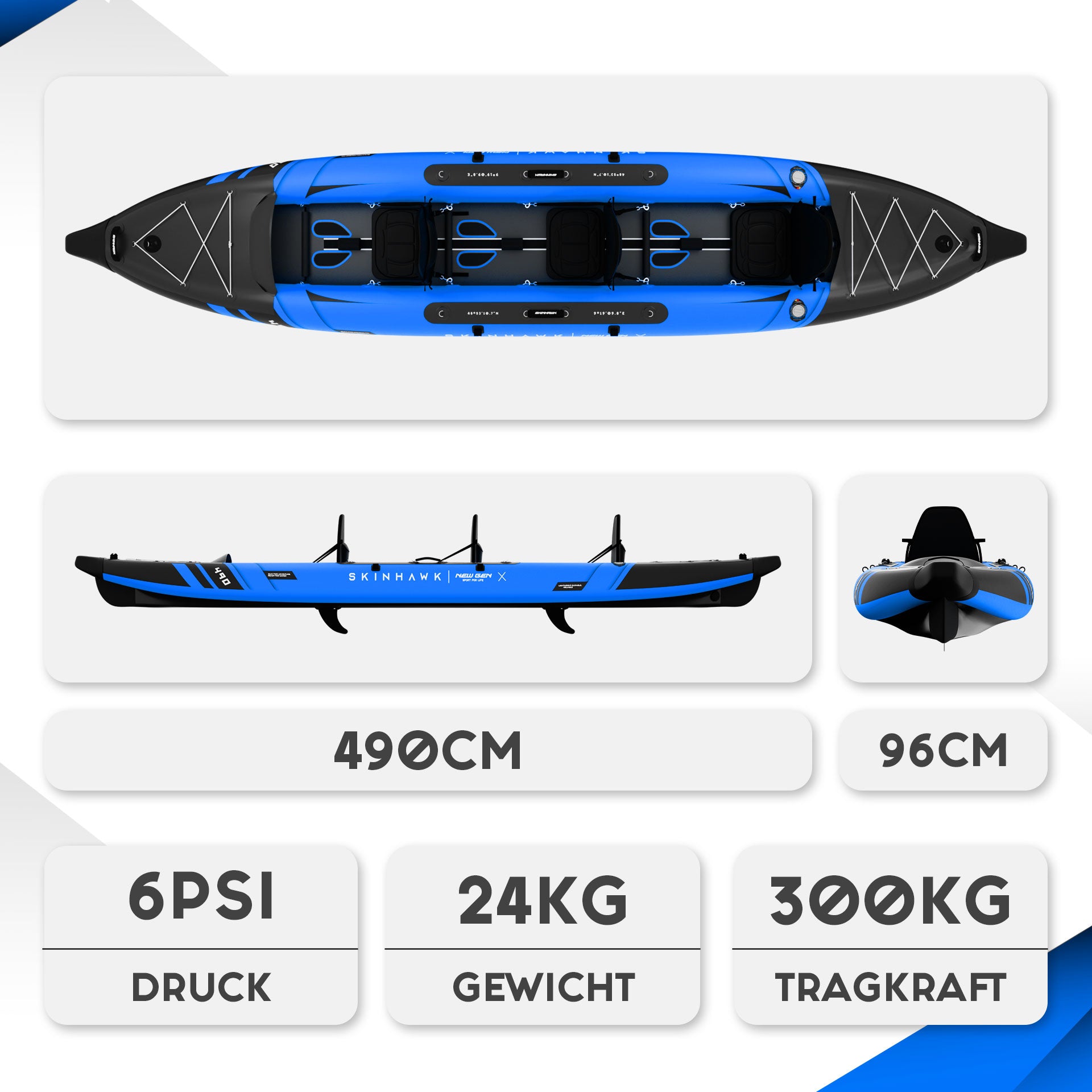 SKINHAWK PRESTIGE KAYAK TRIPLE 490CM X 96CM BLEU