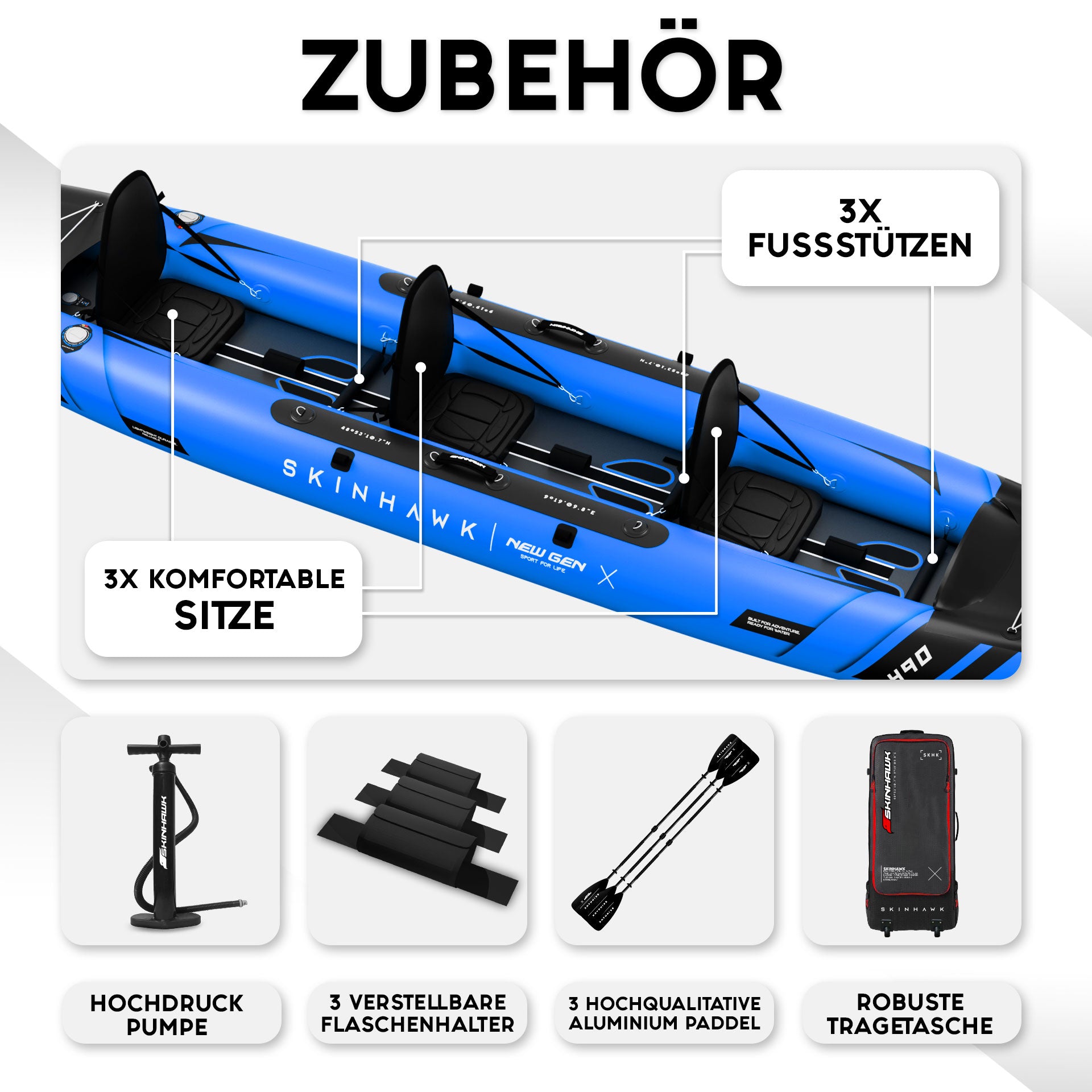 SKINHAWK PRESTIGE KAYAK TRIPLE 490CM X 96CM BLEU