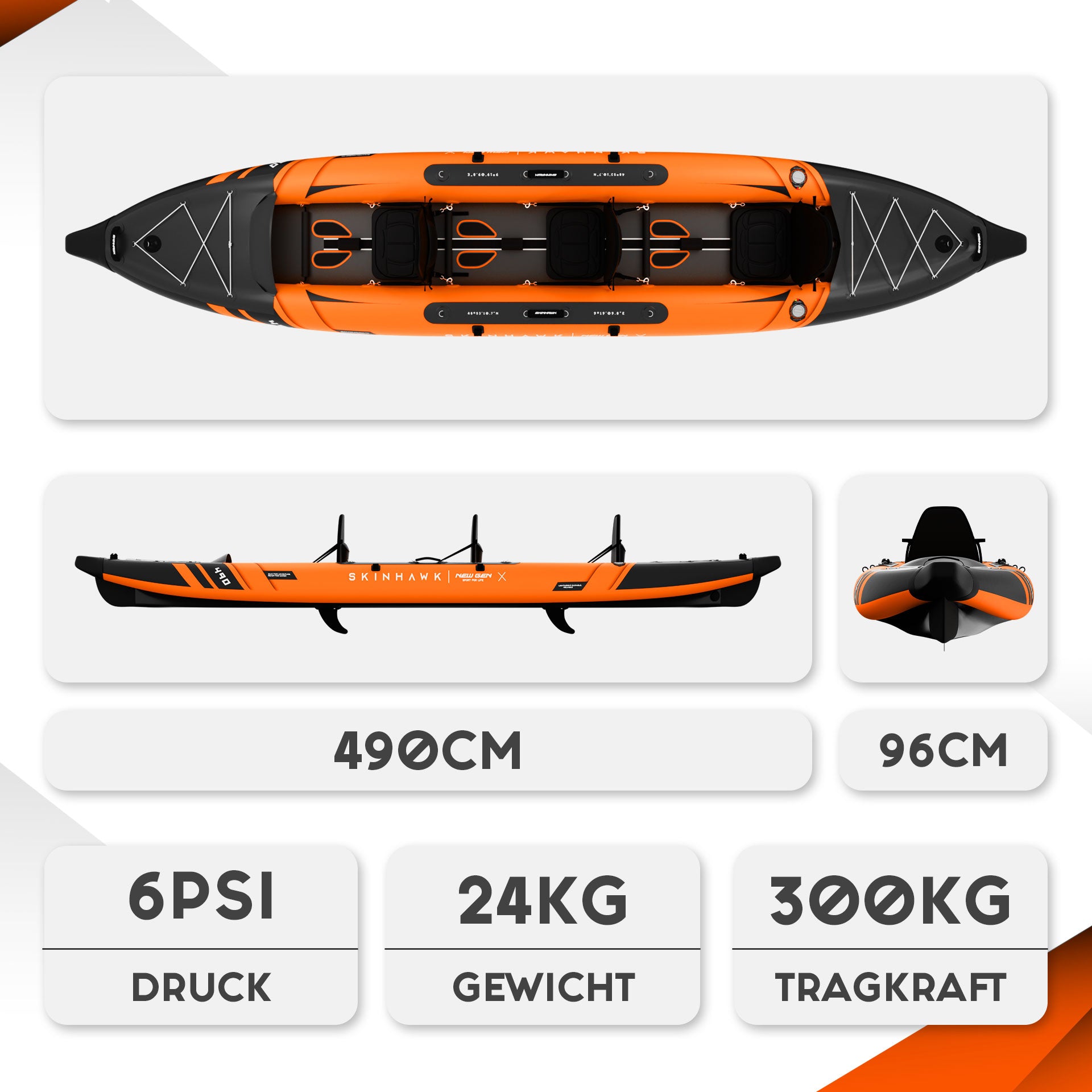 SKINHAWK PRESTIGE KAYAK TRIPLE 490CM X 96CM ORANGE