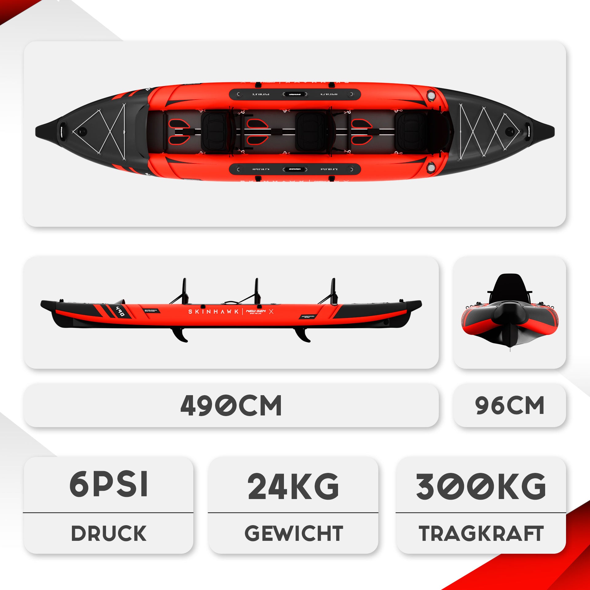 SKINHAWK PRESTIGE KAYAK TROIS PLACES 490CM X 96CM ROUGE